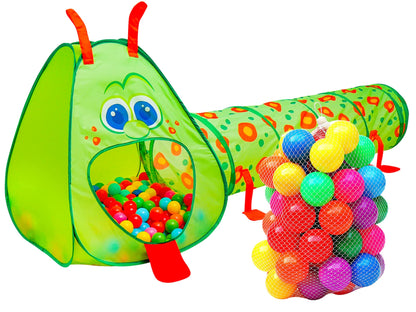 Kiddey Caterpillar Kids Play Tunnel and Tent with 50 Balls 2 Pc. Crawl Through Baby Ball Pit Pop up for Toddler and Babies, Indoor & Outdoor Jungle