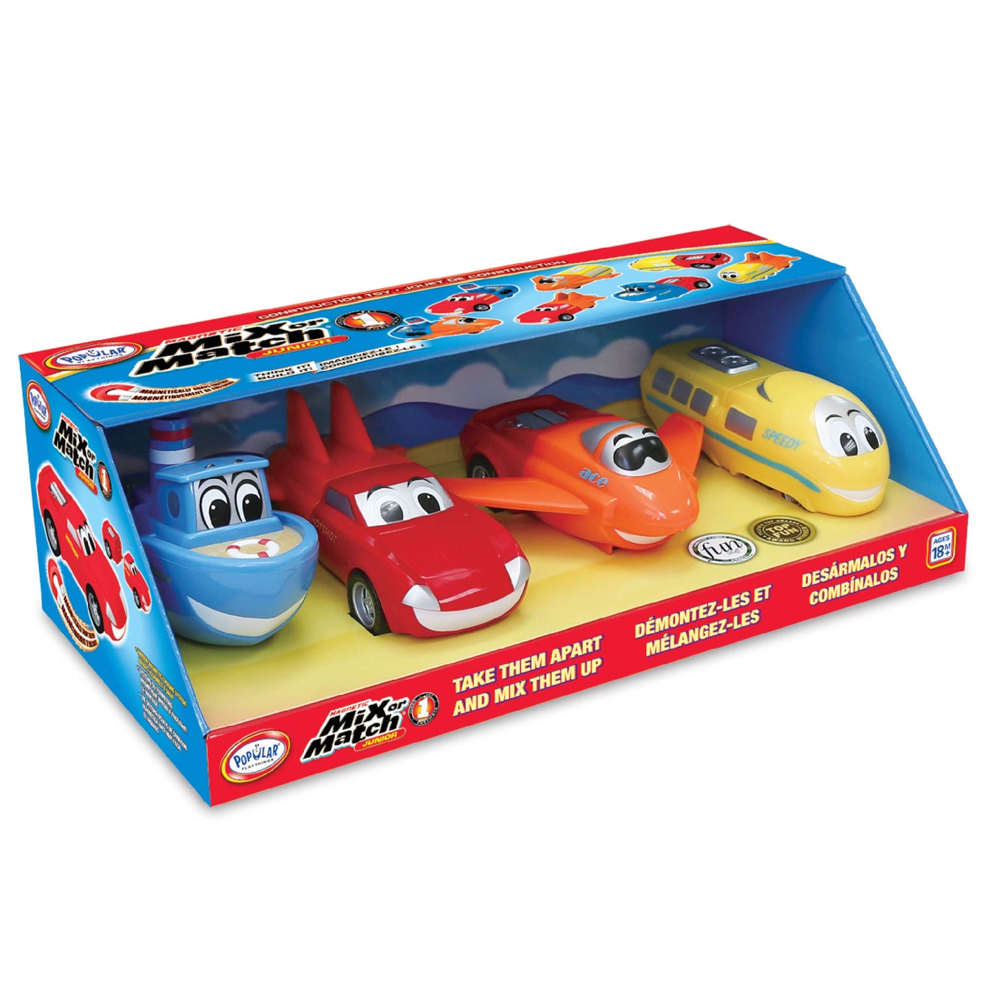POPULAR PLAYTHINGS Magnetic Vehicles for Toddlers 1-3, Mix or Match Car Toys, Set of 4 Gift for Kids - Vehicles Junior
