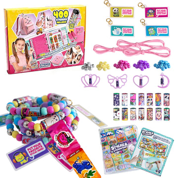 Creative Sticker Bracelet DIY Kit with 400 Mini Sticky Rolls - Wearable & Shareable STICKI Rolls 100-Page Sticker Book, Reusable Arts & Crafts