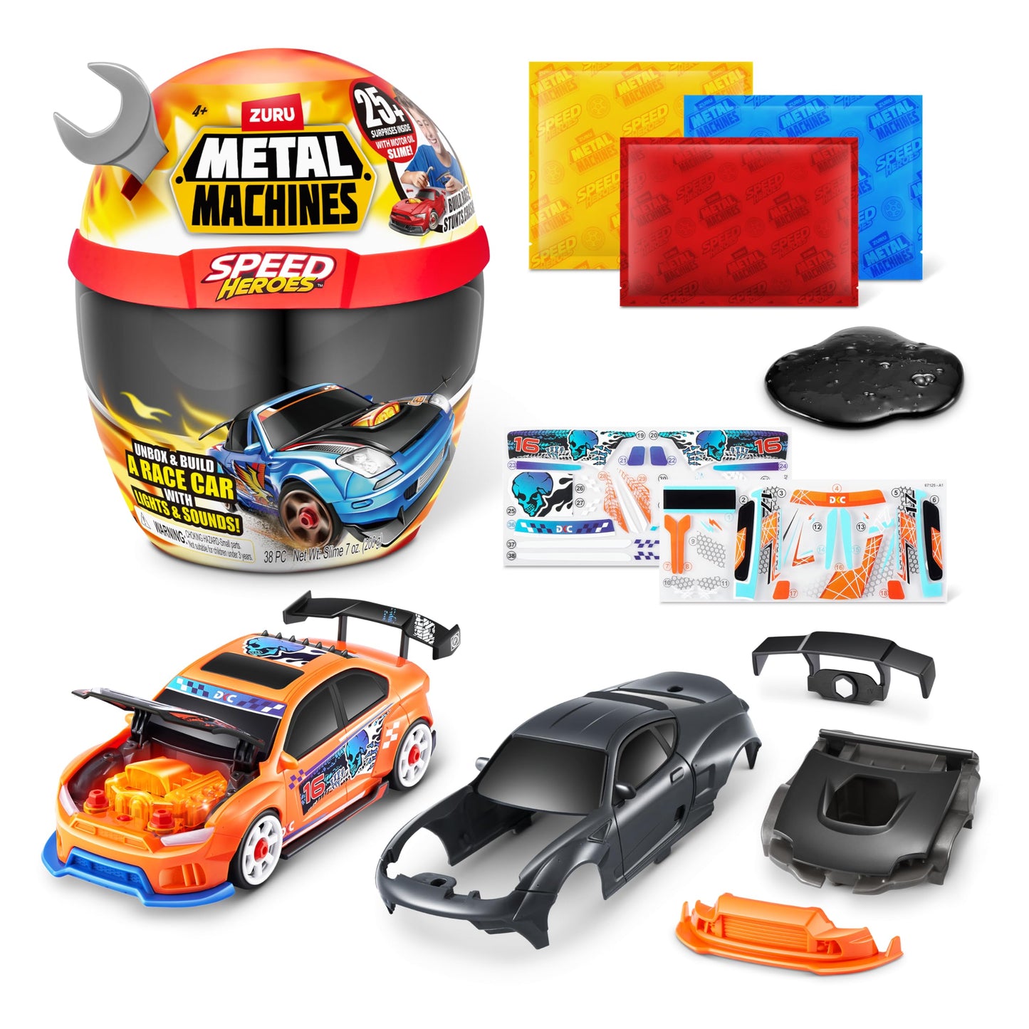 Metal Machines Speed Heroes (Silver) by Zuru, 20+ Surprises, Build Your own Car, Two Bodies, Lights & Sounds, Slime