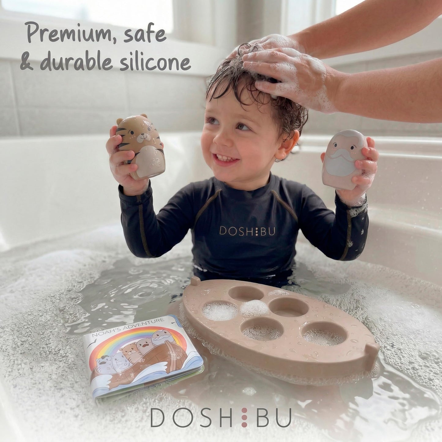 Noah's Ark Silicone Floating Bath Toy Set for Toddlers 18M+ Includes 7 Pieces Boat Animals and Waterproof Bible Storybook Educational Sensory Learning
