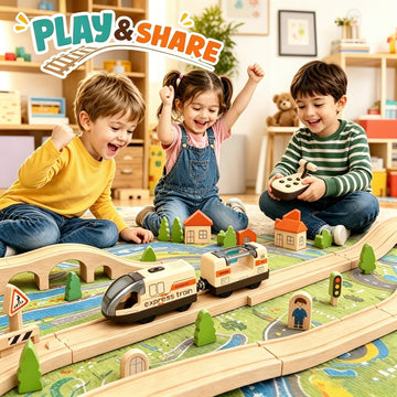 Electric Train for Wooden Track, Remote Control Train Toy, Motorized Train and Tunnel with Voice & Lights Effect, Battery Operated Locomotive Train