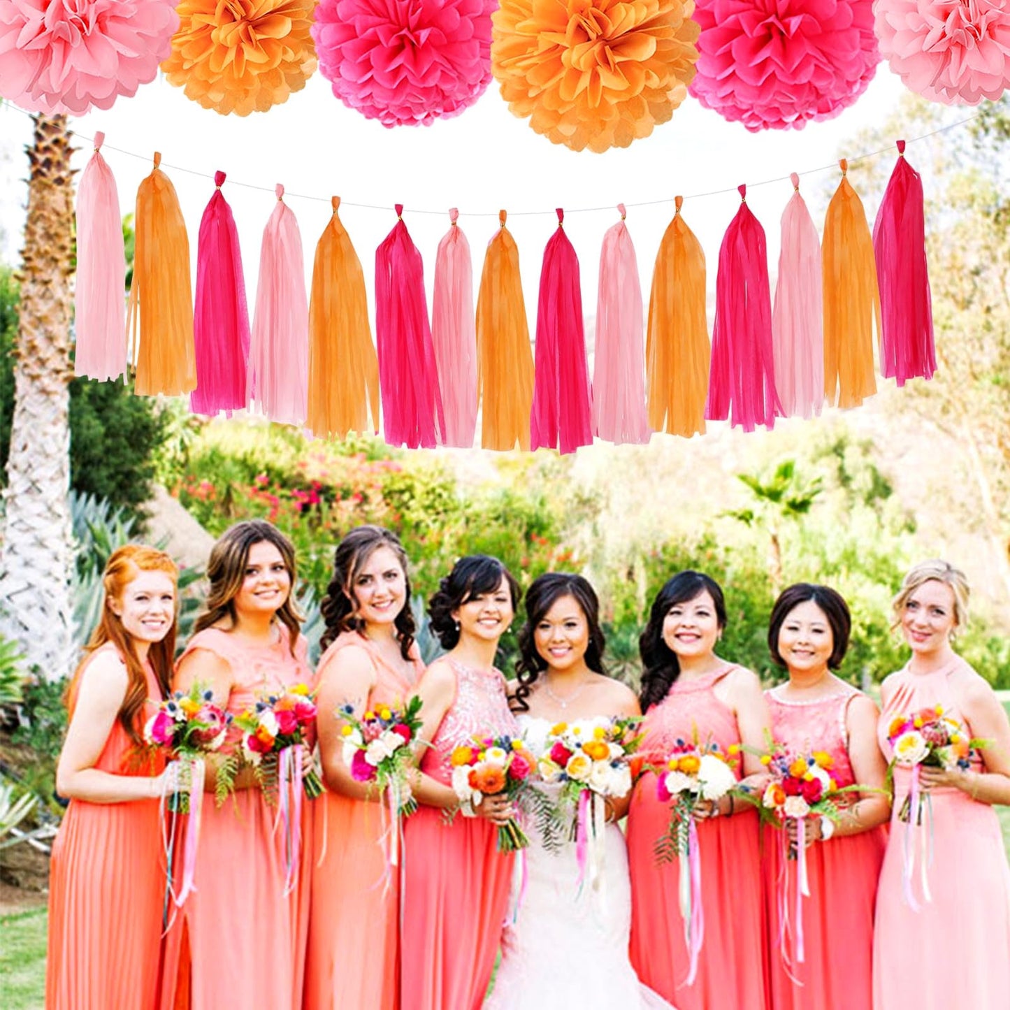 Hot-Pink Orange Fall Party-Decorations Tassel-Garland - 15pcs Groovy Baby-Shower Birthday Wedding Bridal Tassel, Autumn Thanksgiving Banner Streamers