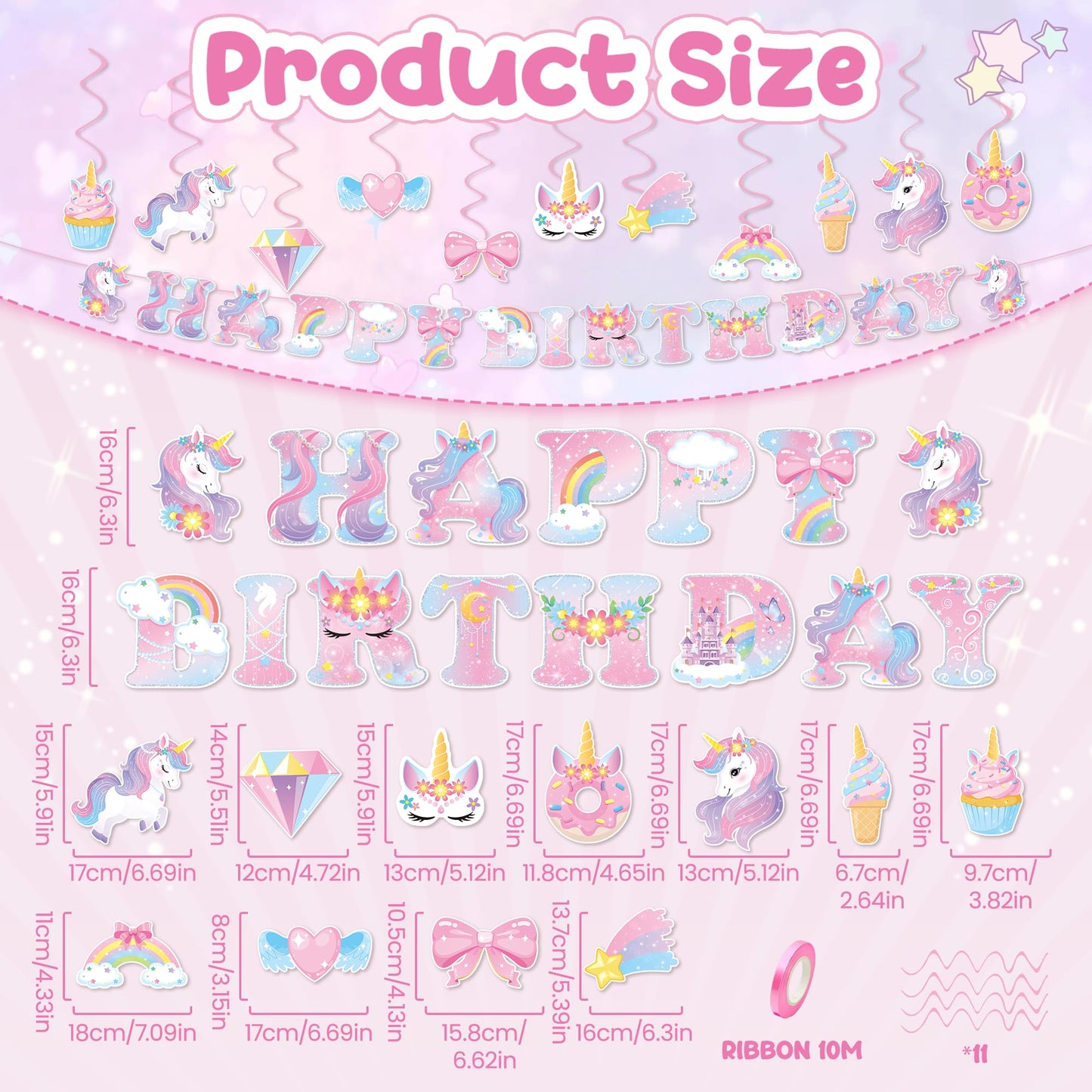 Unicorn Birthday Decorations for Girls, Unicorn Party Supplies with Unicorns Rainbow Happy Birthday Banner & Hanging Swirls, Magical Unicorns Themed