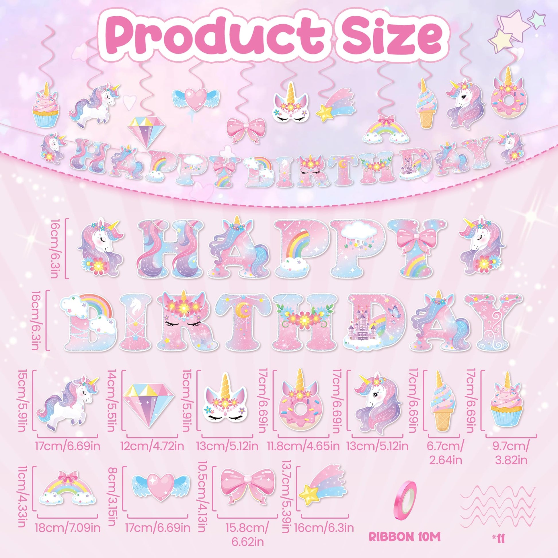 Unicorn Birthday Decorations for Girls, Unicorn Party Supplies with Unicorns Rainbow Happy Birthday Banner & Hanging Swirls, Magical Unicorns Themed