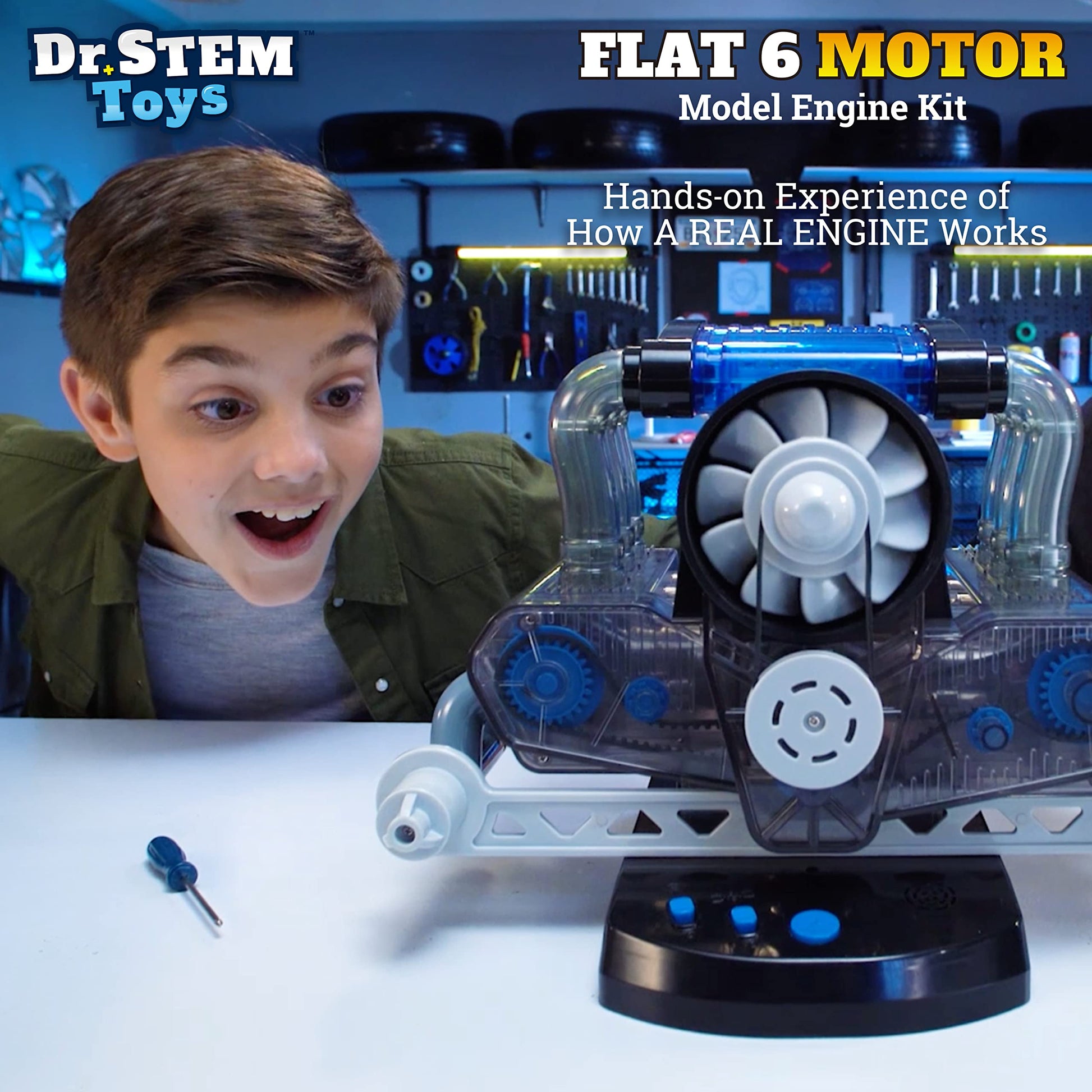 Dr. STEM Toys Model Engine Kit for Boys & Girls Ages 12+, Realistic Replica Flat 6 Motor Has Over 320 Parts, Real Motorized Action, LED Lights & Sound