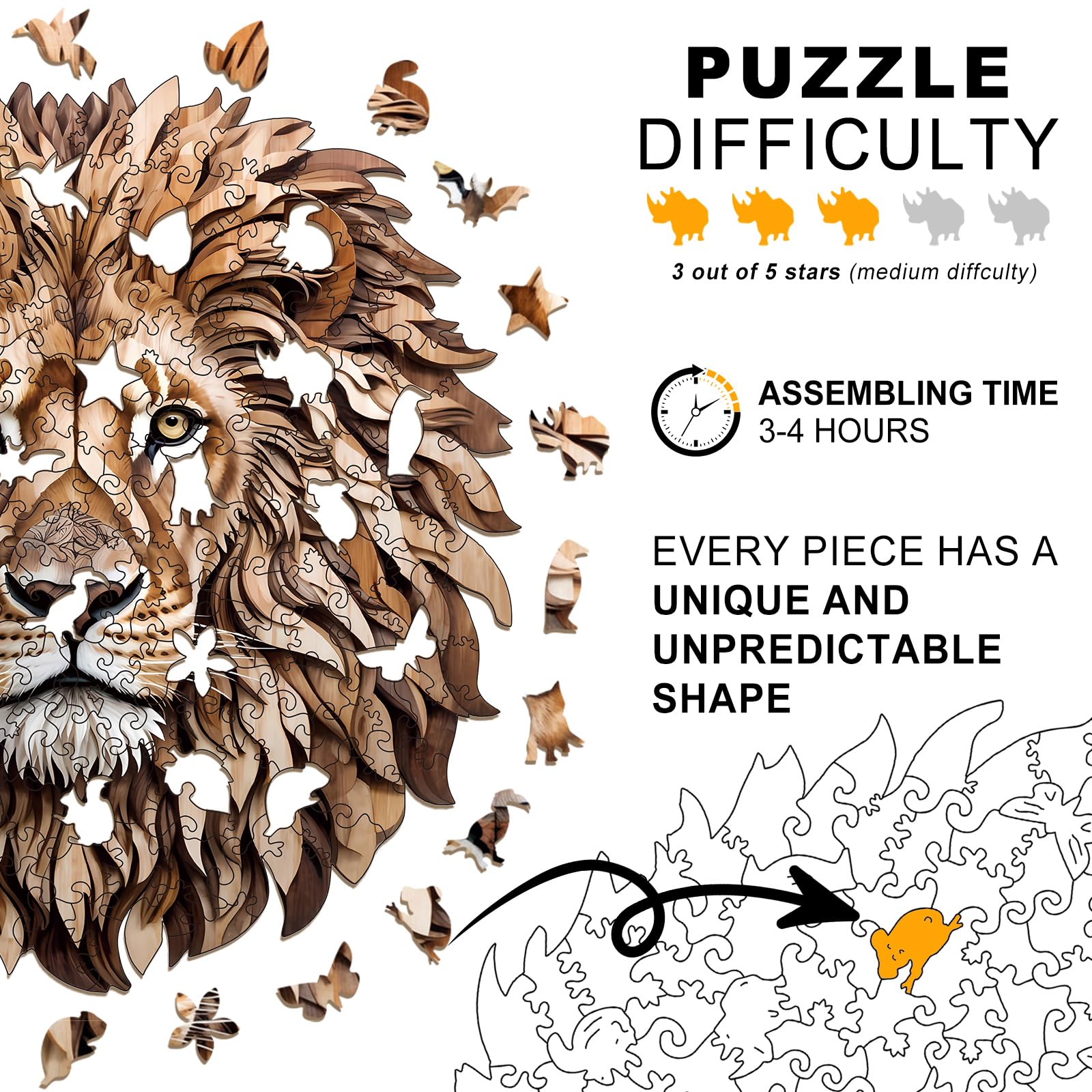 Wooden Puzzles for Adults - 200 Pieces Lion Unique Shaped Wooden Jigsaw Puzzles for Adults, Medium Size 10'' x 10.5'' Adult Wood Puzzles for Family