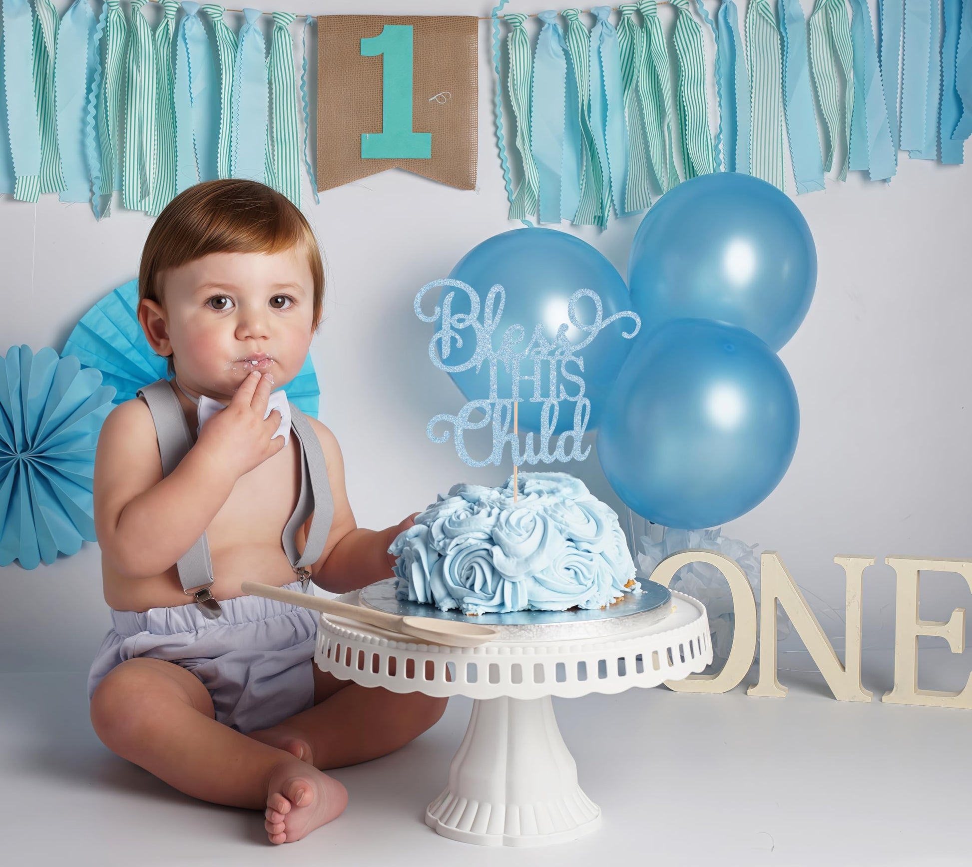 AHAORAY Bless This Child Cake Topper - Light Blue Glitter Chlid Christening Cake Decoration Supply - Smash Cake Topper for First Holy Communion