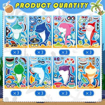 24 Sheets Make a Shark Face Stickers, Make Your Own Shark Stickers for Kids, Sea Ocean Animals Birthday Party Favors Activities, Summer Craft