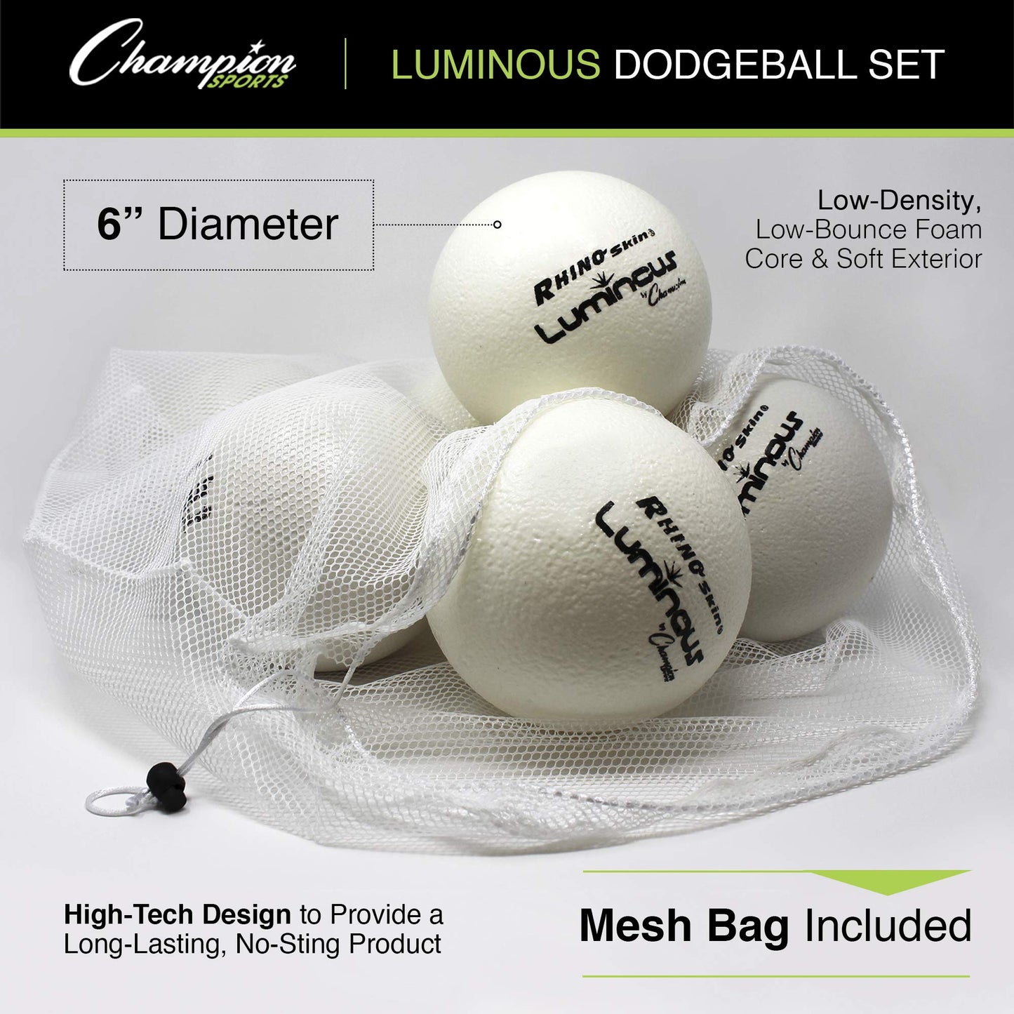 Champion Sports Premium Rhino Skin Dodgeballs with Mesh Storage Bag, Set of 6 - Glow in the Dark Playground Balls for Outdoor Games and Gym Class