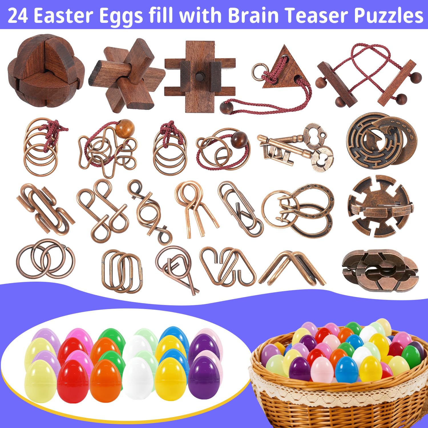 24 Pcs Brain Teaser Puzzles for Adults and Teens - Metal Puzzles 3D Puzzle Game Toys for Adults Teens - Wooden Unlock Interlocking Puzzle Adult IQ