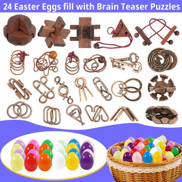 24 Pcs Brain Teaser Puzzles for Adults and Teens - Metal Puzzles 3D Puzzle Game Toys for Adults Teens - Wooden Unlock Interlocking Puzzle Adult IQ