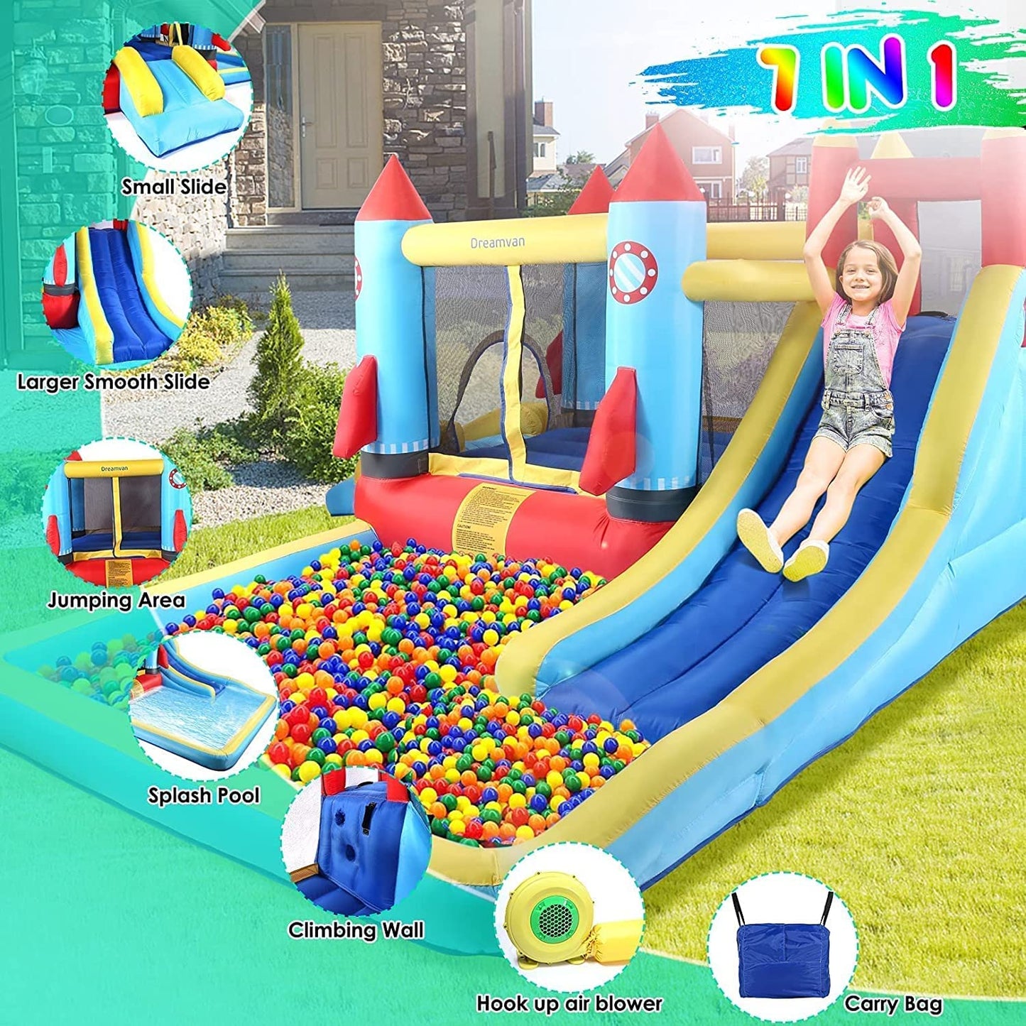 Inflatable Bounce House for Kids 146 x 132 x 82 inch, Indoor/Outdoor Bouncy House with Large Splashing Pool, Bouncing Area, 2 Water Slides,Climbing