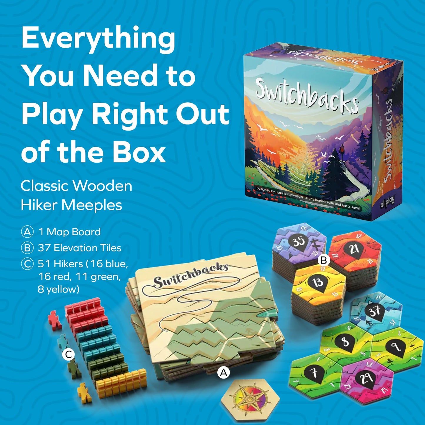 Allplay - Switchbacks Board Game for Adults and Families - Tile-Laying - Small Box - Filler Game with Fangs - 1 Minute to Teach Travel Game - 2 to 4
