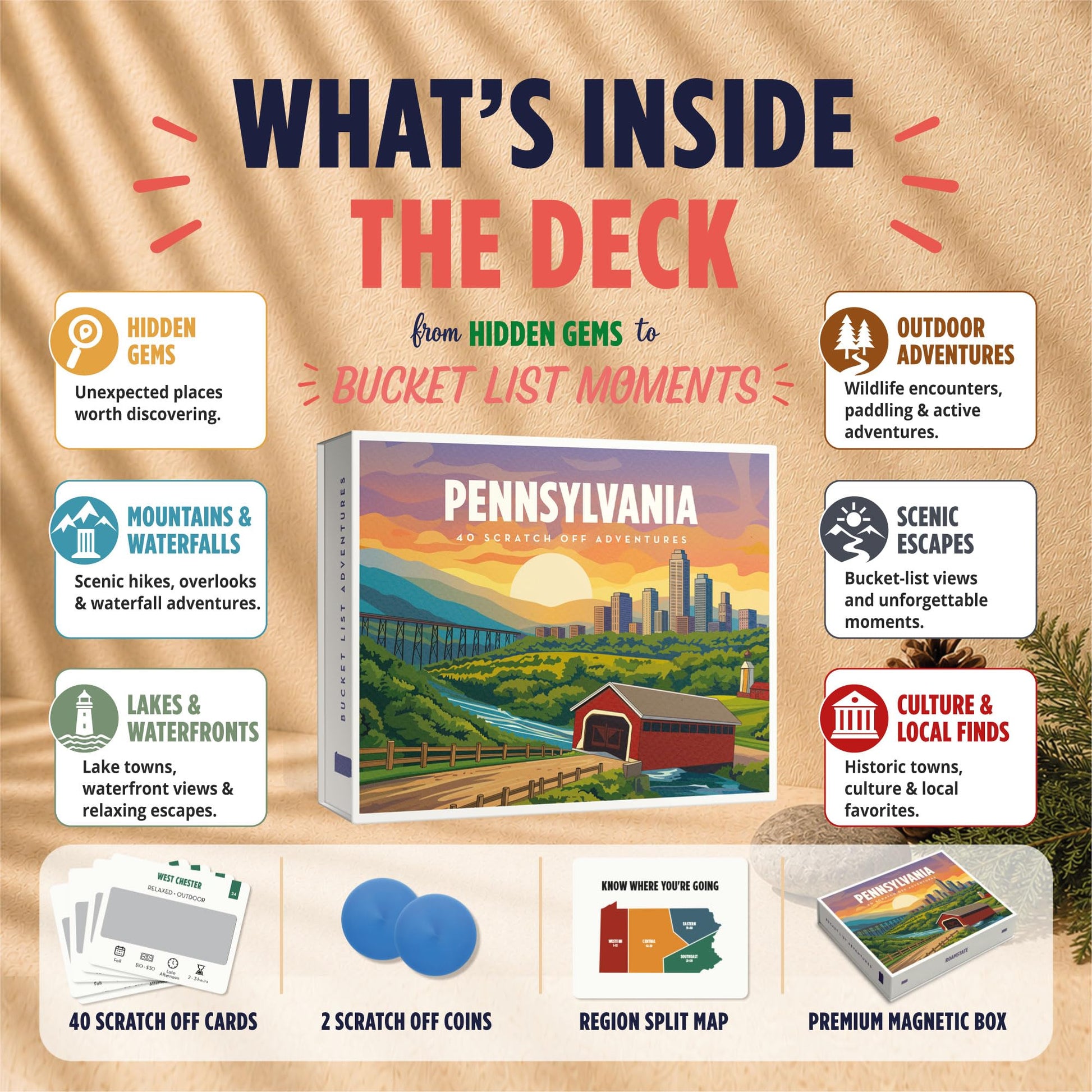 Pennsylvania Bucket List Scratch Off Cards - 40 Adventure Bucket List Cards with Region Split Map, Hidden Gems, Scenic Escapes & Local Favorites