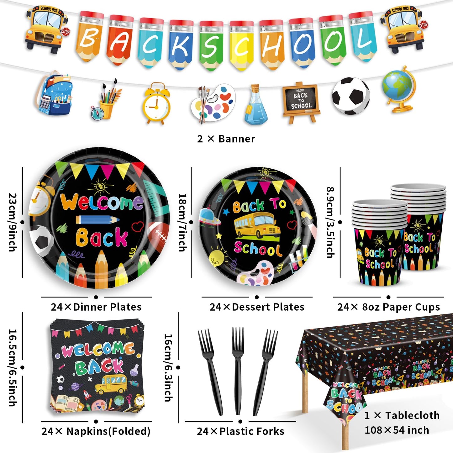 122 PCS Back to School Party Supplies, Disposable Tableware Set Include Back to School Plates and Napkins, Cups, Forks, Banner and Tablecloth