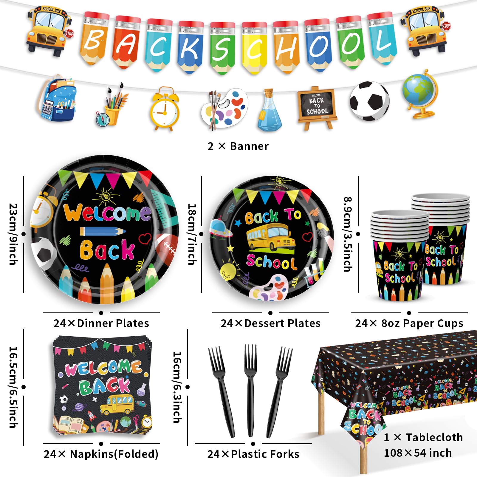 122 PCS Back to School Party Supplies, Disposable Tableware Set Include Back to School Plates and Napkins, Cups, Forks, Banner and Tablecloth