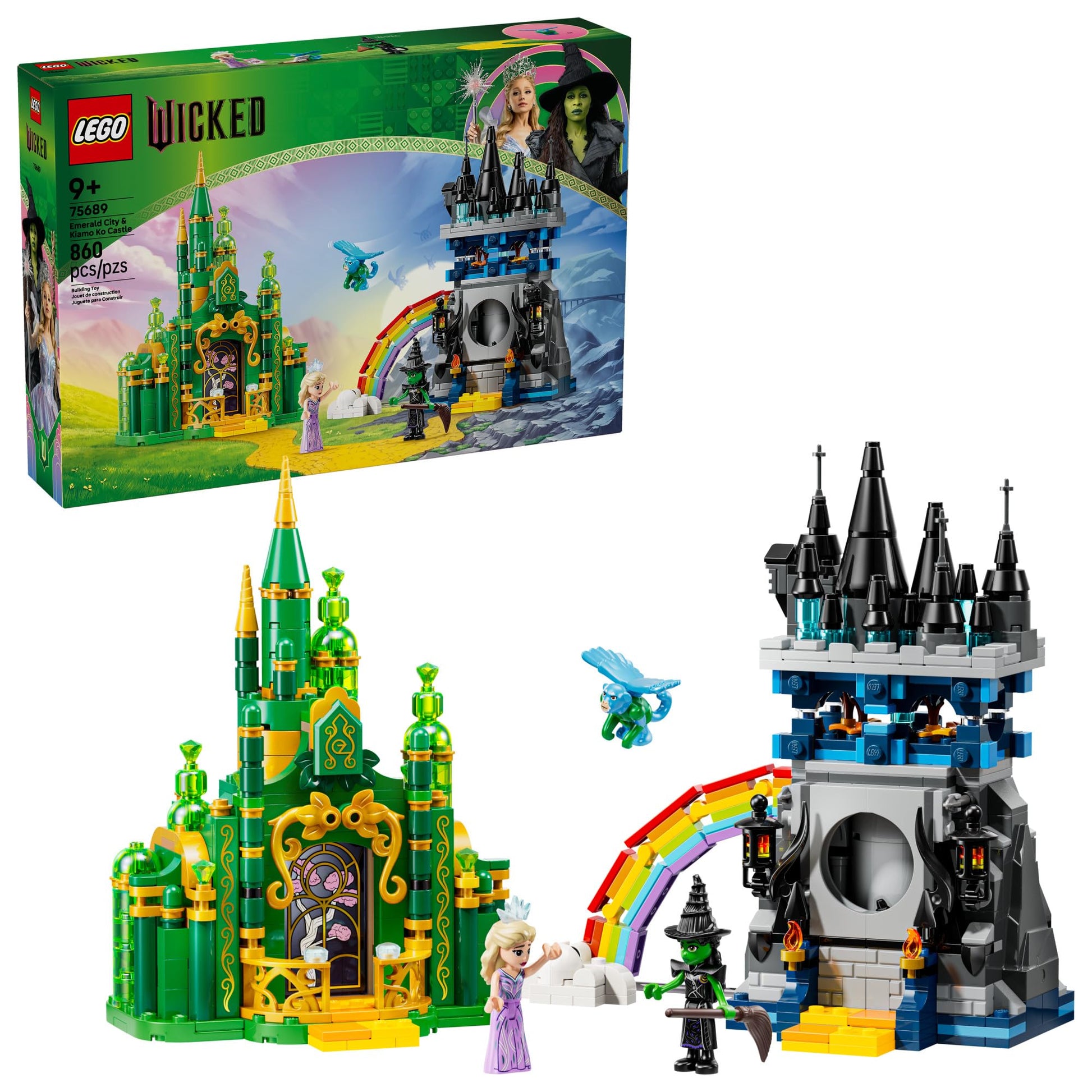 LEGO Wicked Emerald City & Kiamo Ko Castle Building Toy - Elphaba & Glinda Toy Figures, 2 Buildable Playsets, & Flying Monkey Minifigure for Kids