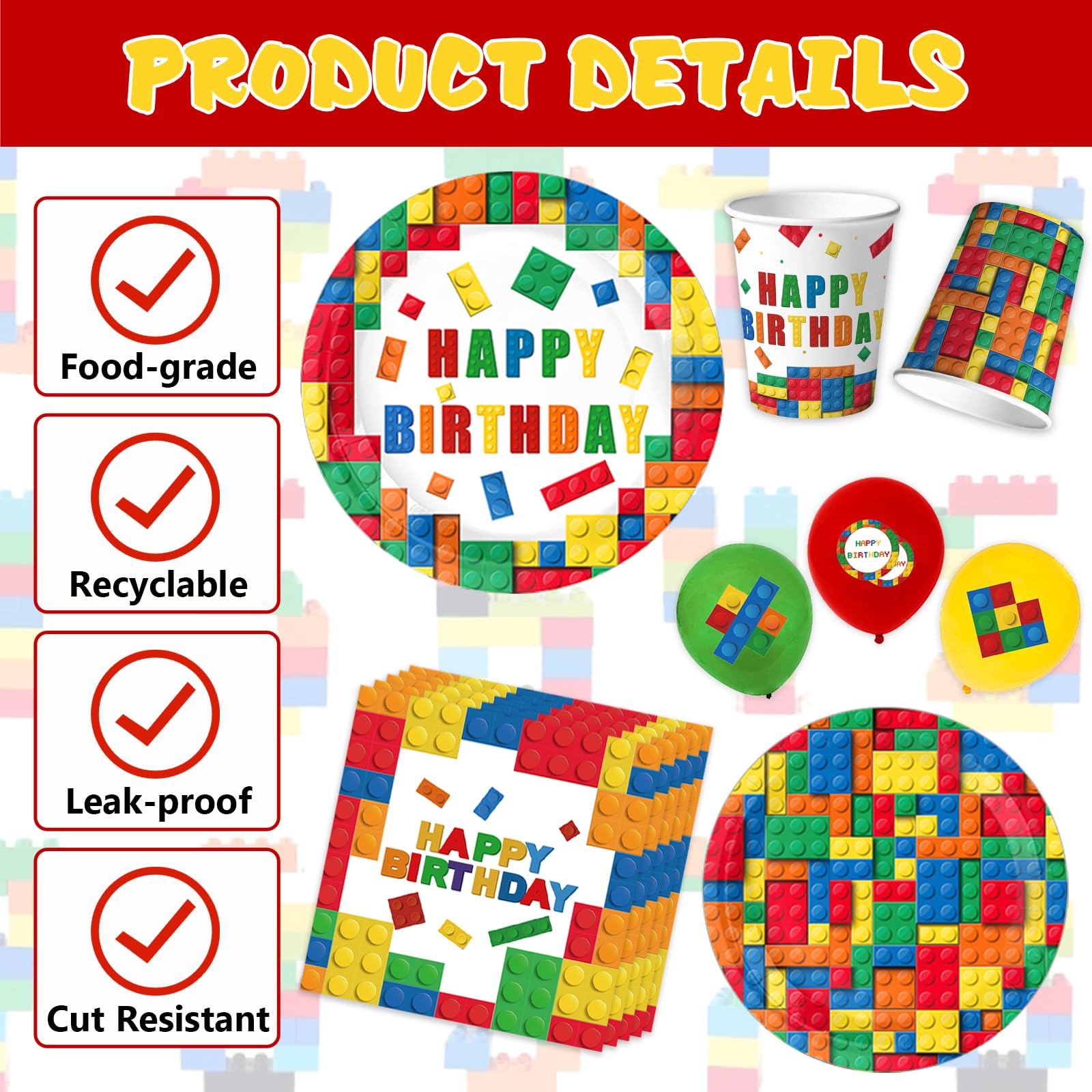 Building Block Party Plates Building Block Birthday Party Supplies Decorations Serve 25 including Disposable Paper Plates Napkins, Cups, Forks
