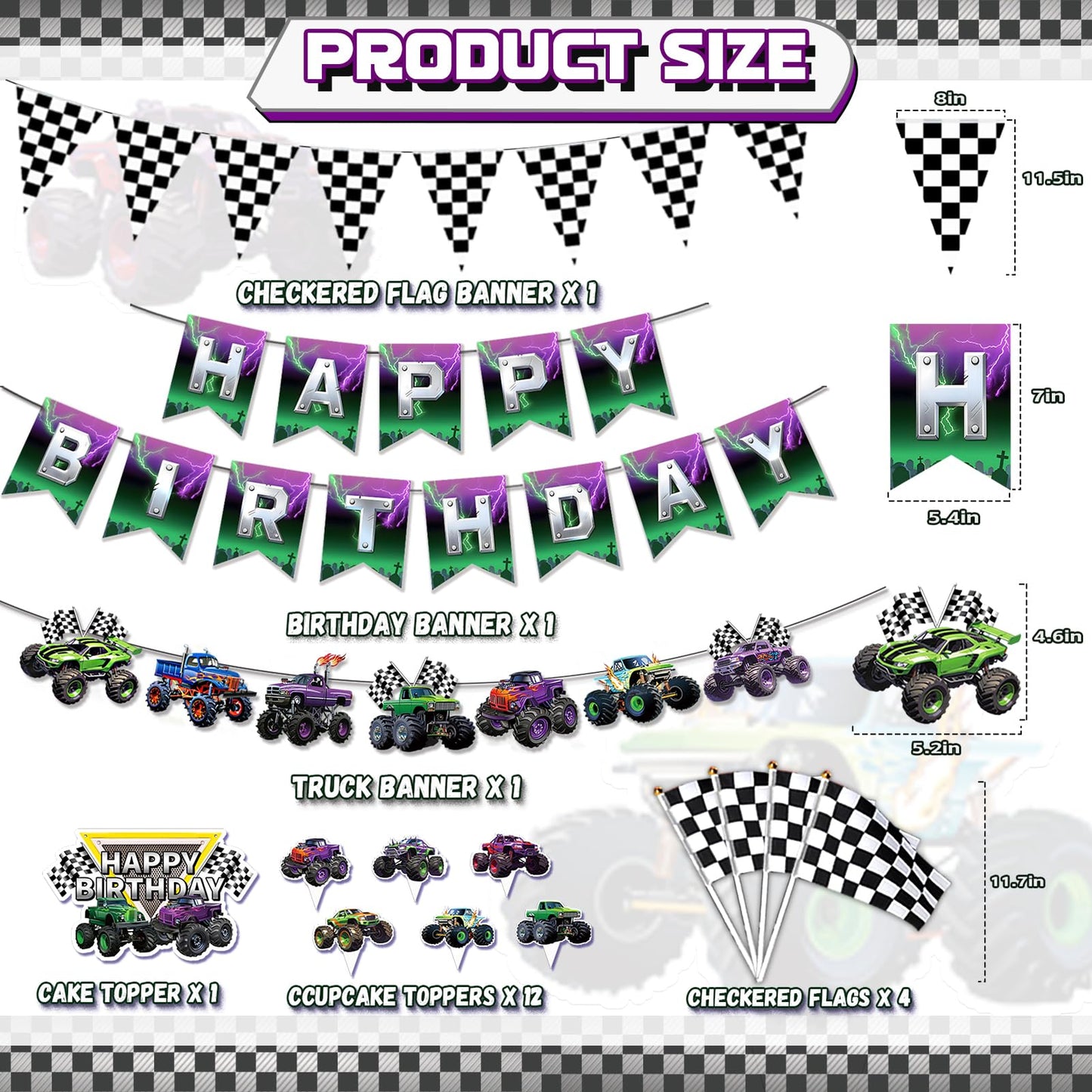 20 Pcs Monster Truck Birthday Decorations, Monster Truck Party Banner Set, Cars Truck Garland Black and White Checkered Flags Pennants Cake Topper