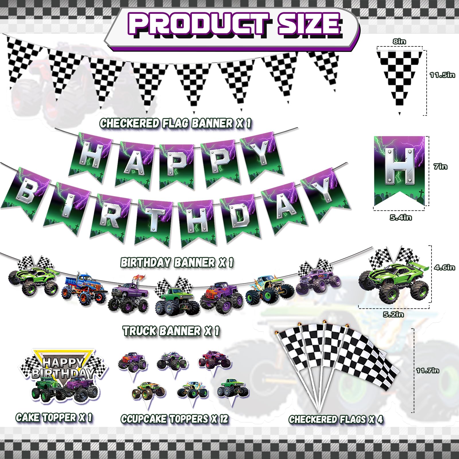 20 Pcs Monster Truck Birthday Decorations, Monster Truck Party Banner Set, Cars Truck Garland Black and White Checkered Flags Pennants Cake Topper