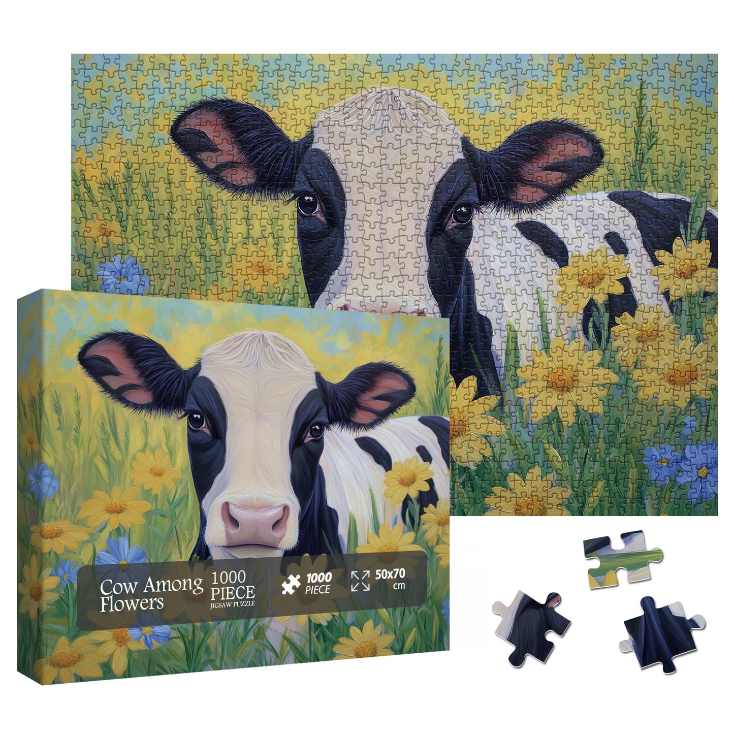Larkipuzz Sunflower Cow Painting Jigsaw Puzzle 1000 Piece for Adult, Animal Flower Plant Nature Jigsaw Puzzles, Funny Art Beautiful Landscape Puzzle
