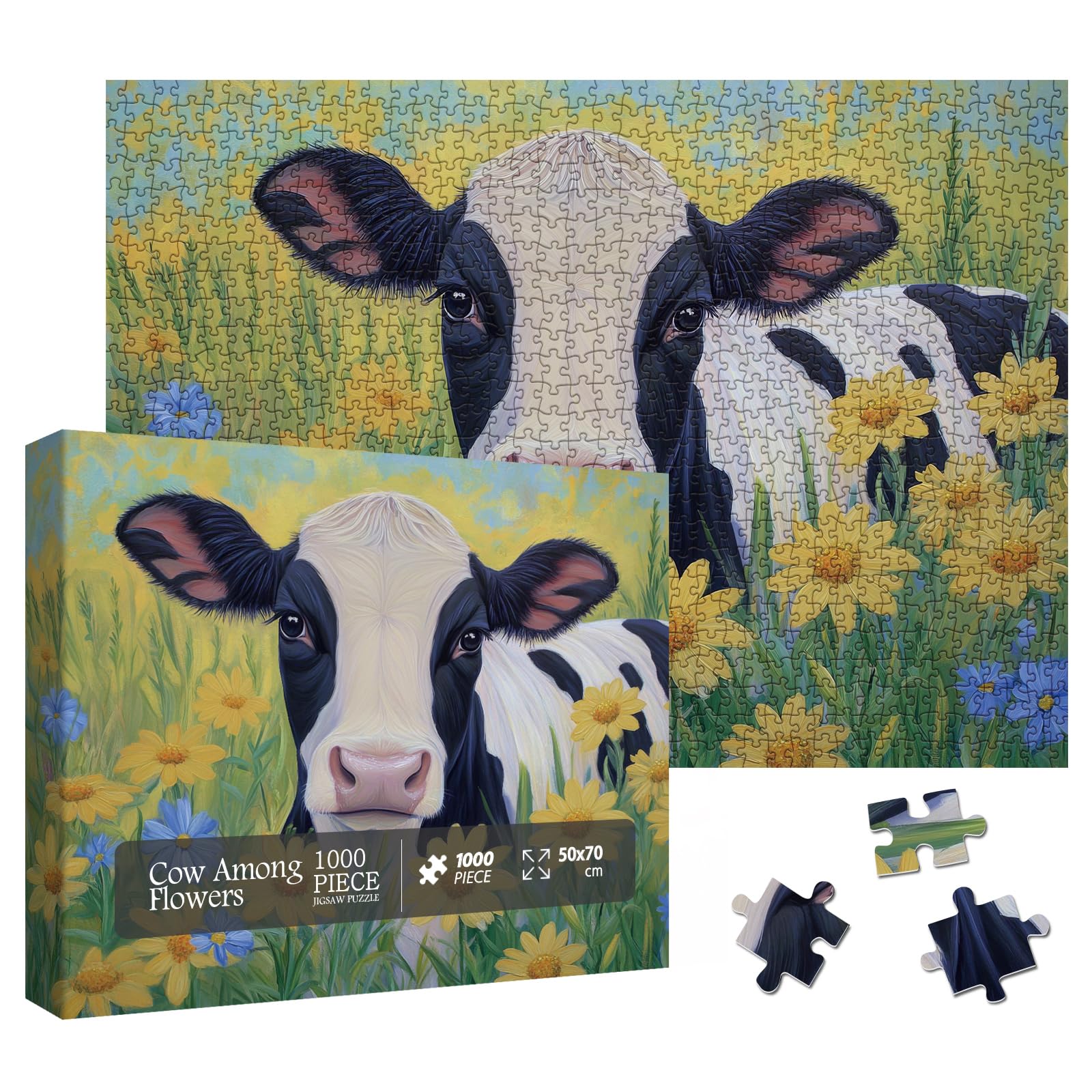 Larkipuzz Sunflower Cow Painting Jigsaw Puzzle 1000 Piece for Adult, Animal Flower Plant Nature Jigsaw Puzzles, Funny Art Beautiful Landscape Puzzle