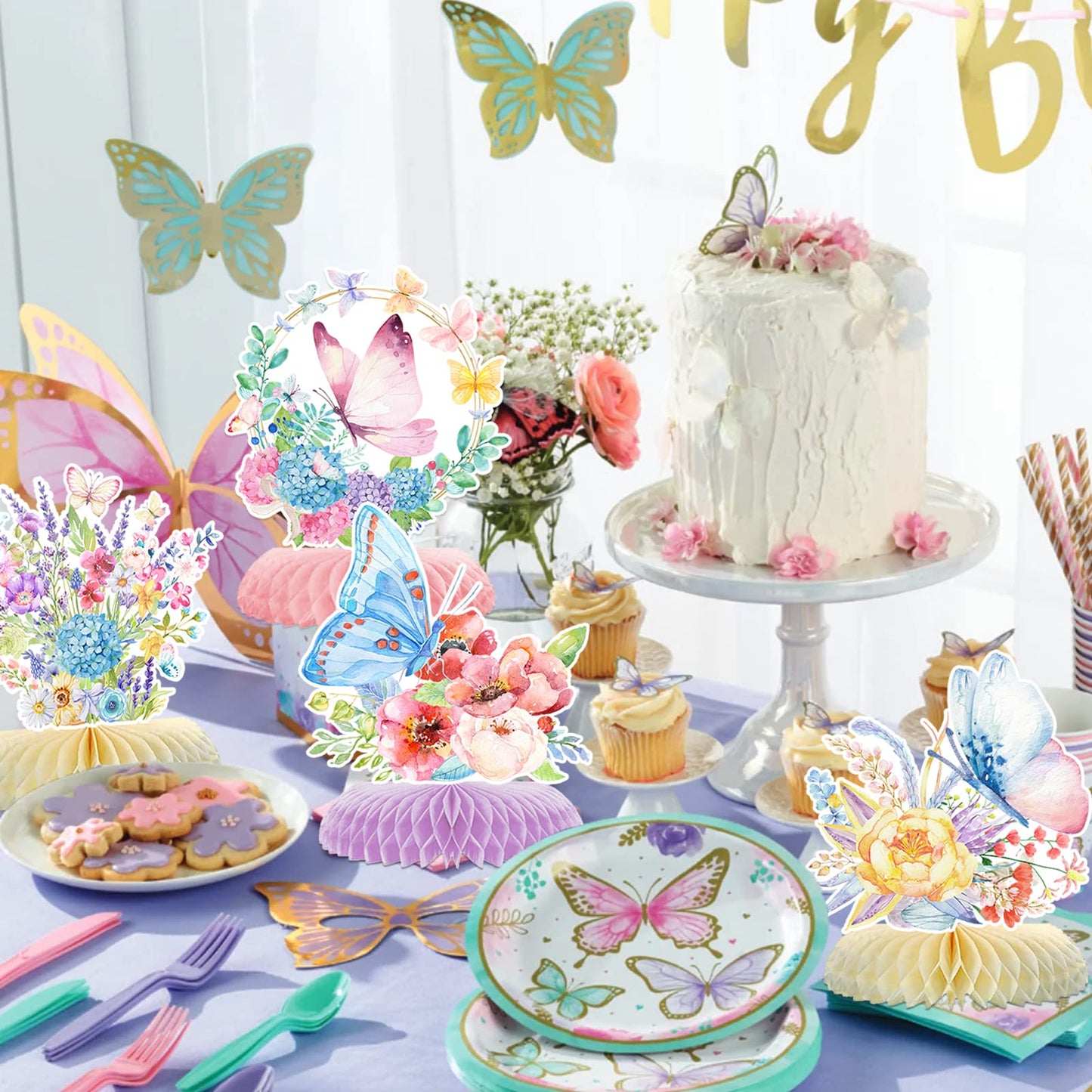 10pcs Butterfly Party Decorations - Spring Pink Purple Butterfly Flowers Centerpieces 3D Table Honeycomb Toppers for Girls Baby Shower Party Photo