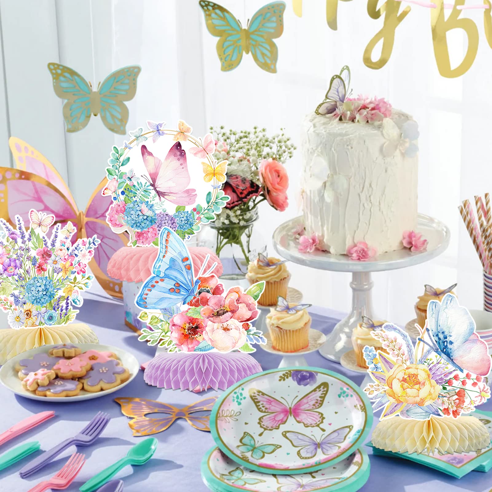 10pcs Butterfly Party Decorations - Spring Pink Purple Butterfly Flowers Centerpieces 3D Table Honeycomb Toppers for Girls Baby Shower Party Photo