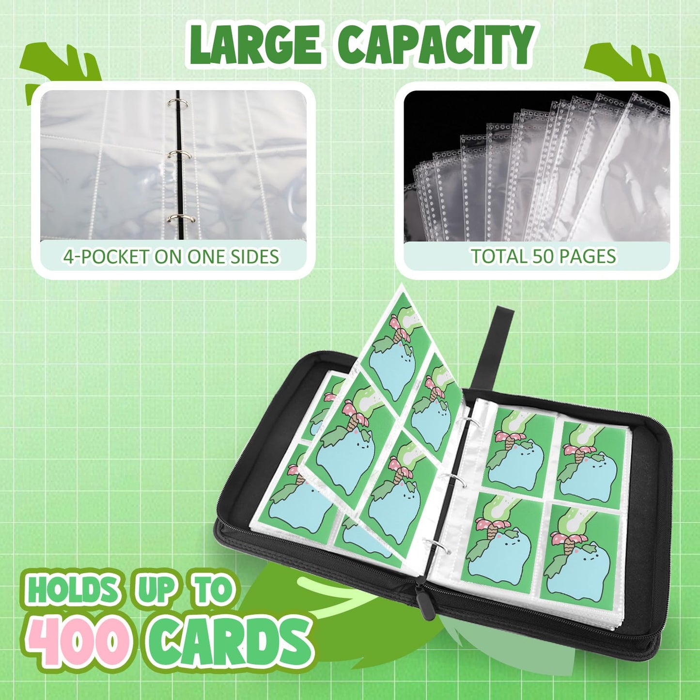 Premium Collectible Trading Card Albums?Card Binder Fits 400 Cards with 50 Removable Sleeves?Display Game Card Case book Holder, Frog Themes