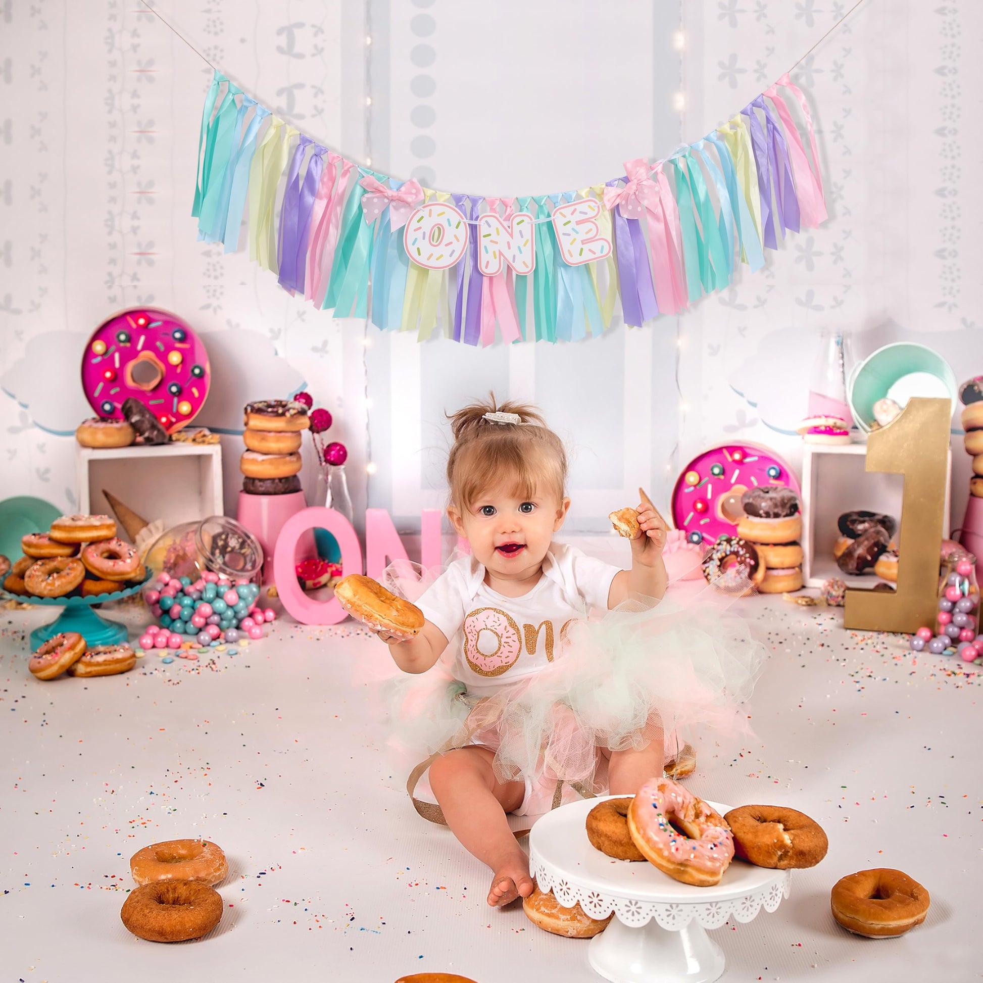 Donut 1 Years Old Birthday Banner - Sweet One Birthday Party Decorations, Soft Ribbon Ballet Skirt Set, Rainbow High Chair Garland, Sweet One Year