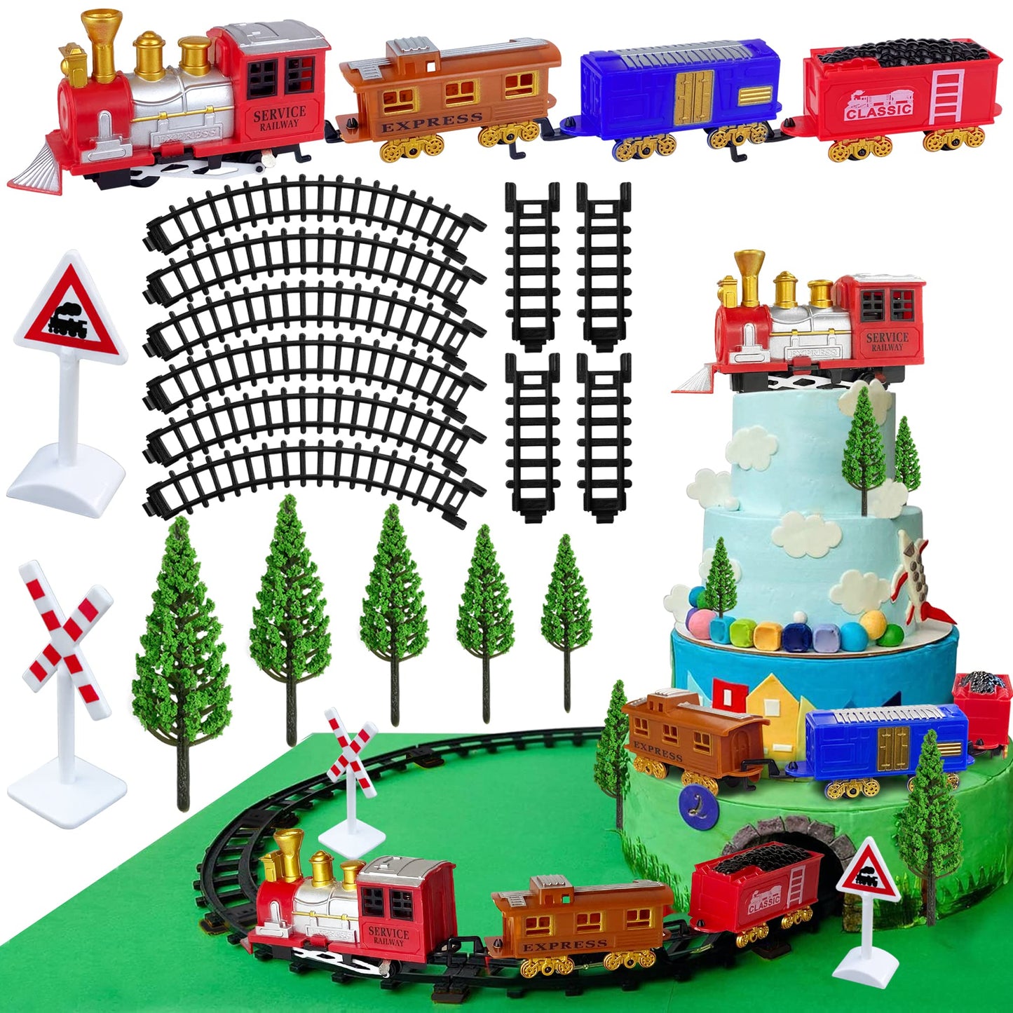 21PCS Train Cake Decorations Train Cake Toppers Train Birthday Party Supplies Mini Train Toys Train Track Traffic for Birthday Railway Steam Train