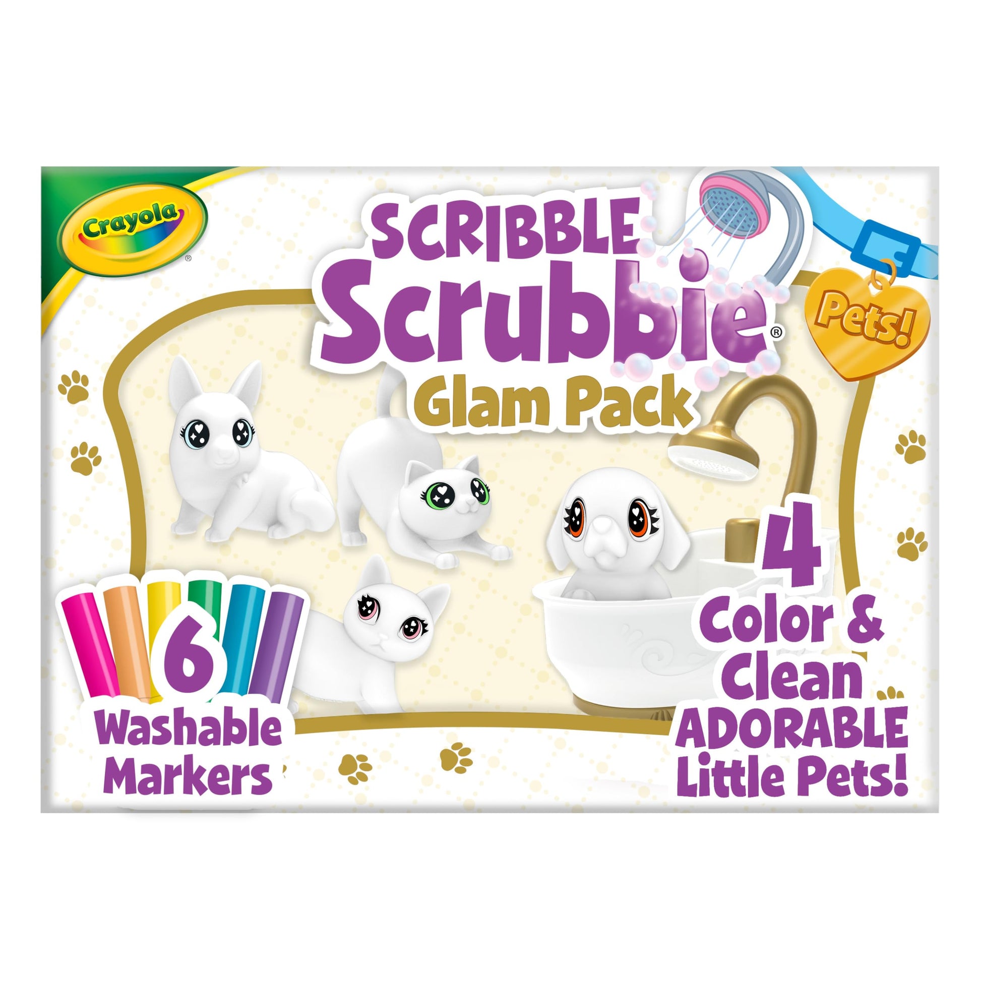 Crayola Scribble Scrubbies Glam Pack (4 Pets), Washable Pet Care Toy & Coloring Animal Craft Kit, Gift for Kids, Playset for Girls & Boys, Ages 3+