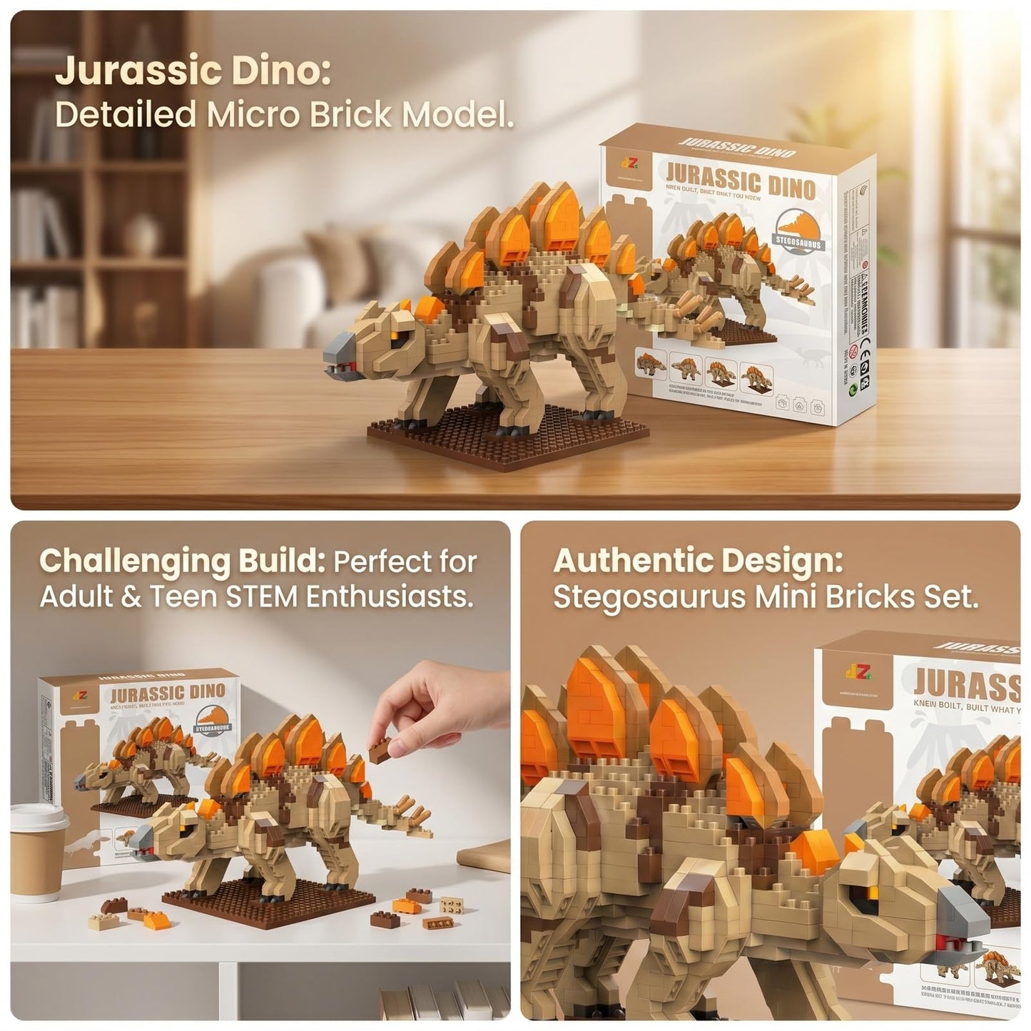 870-Piece Dinosaur Stegosaurus Model Building Kit, Micro Blocks Set with Display Stand, DIY Construction Project for Adults, Desk Decor & Creative Fun