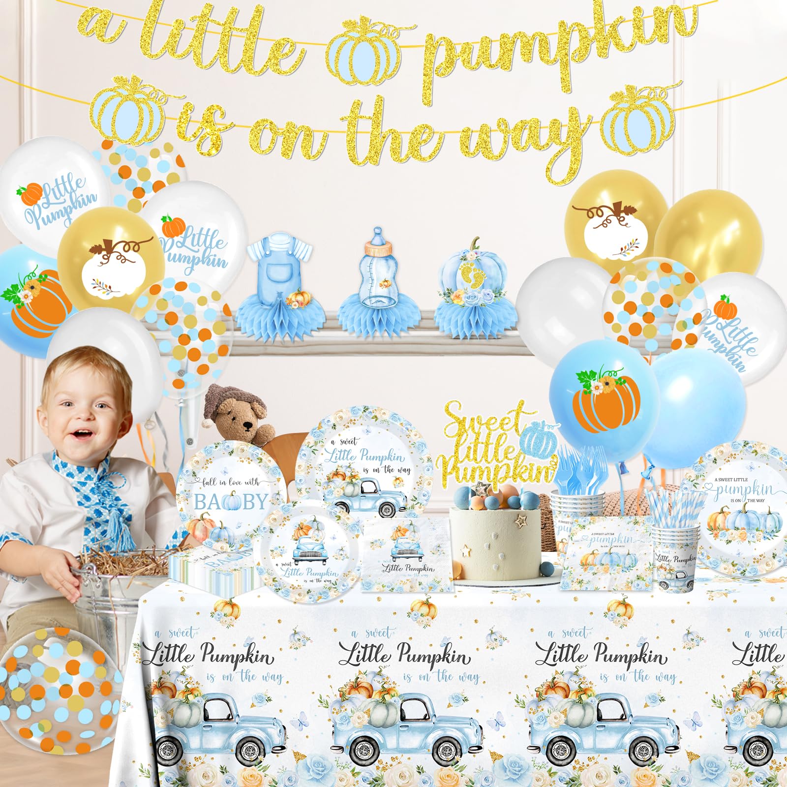 Little Pumpkin Baby Shower,198pcs A Little Pumpkin Is On The Way Baby Shower Boy Plates and Napkins Cups Tablecloth Cake Topper Honeycomb Balloon