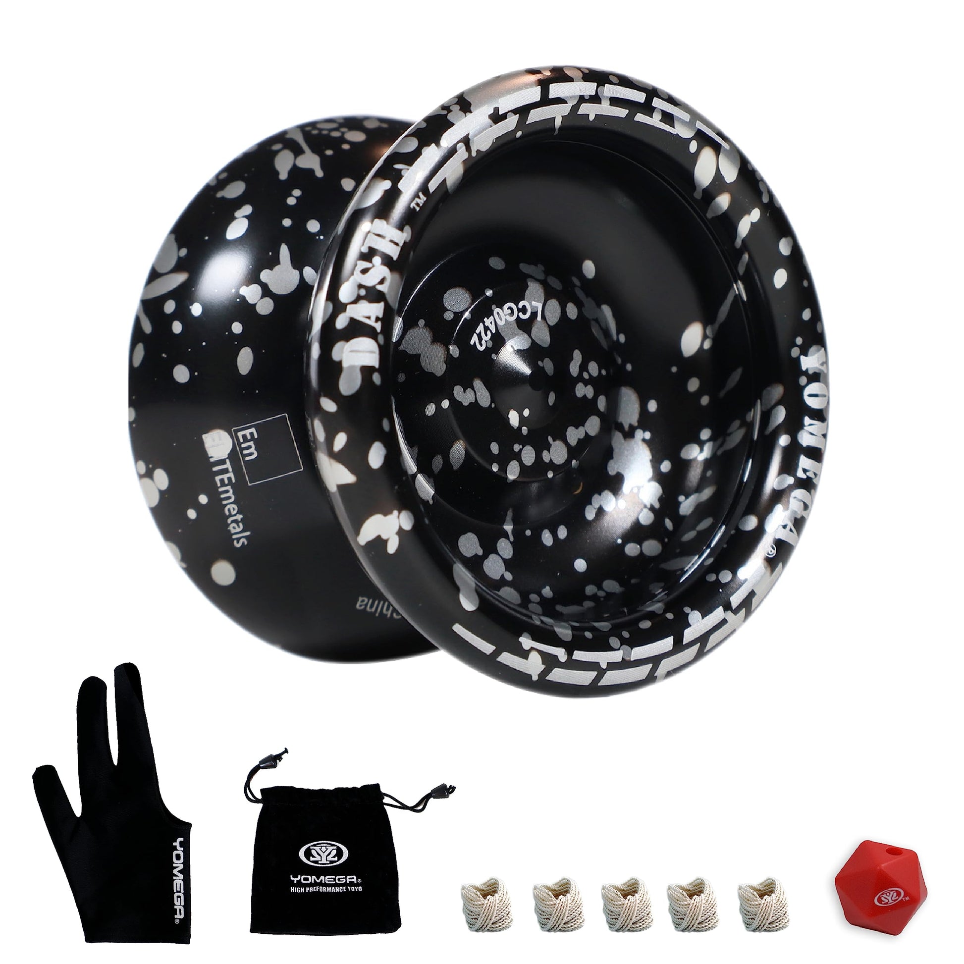 Yomega Dash Yoyo - Pro Aluminum Metal Unresponsive Yoyo with C Size Ball Bearing for Advanced yo yo Tricks + Extra 5 Strings + Glove + Bag + Die & 3