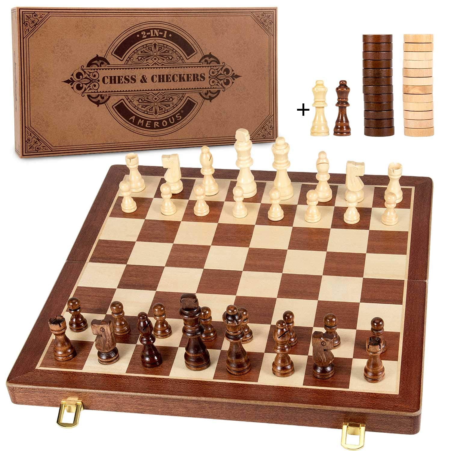 AMEROUS 15 Inches Magnetic Wooden Chess & Checkers Set (2 in 1) - Folding Board -Gift Box Packed -24 Cherkers Pieces -2 Extra Queens, Beginner Chess
