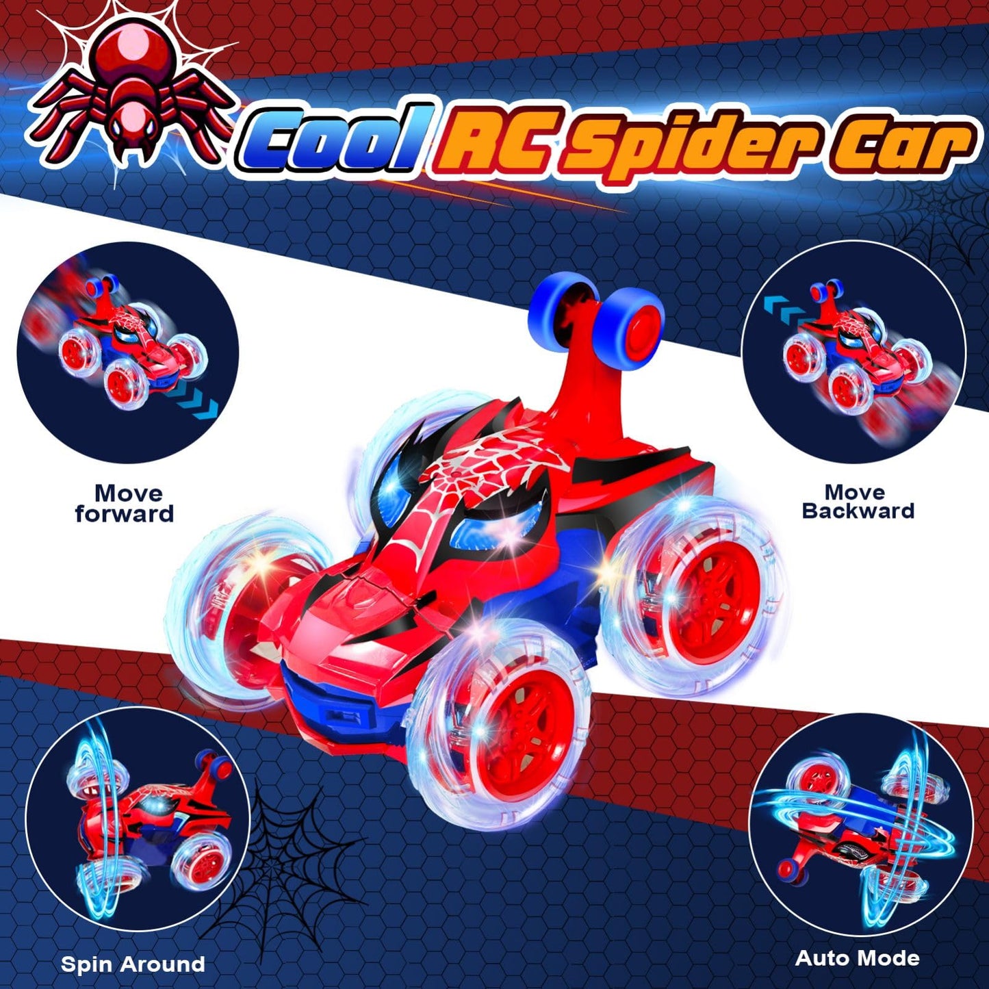 Kids Toys Spider RC Car for Boys 4-7 - Cool Spider Monster Remote Control Crawler Toy 360° Flip Fast Stunt & 4WD Light Up Wheel - Fun Boy Gift Idea