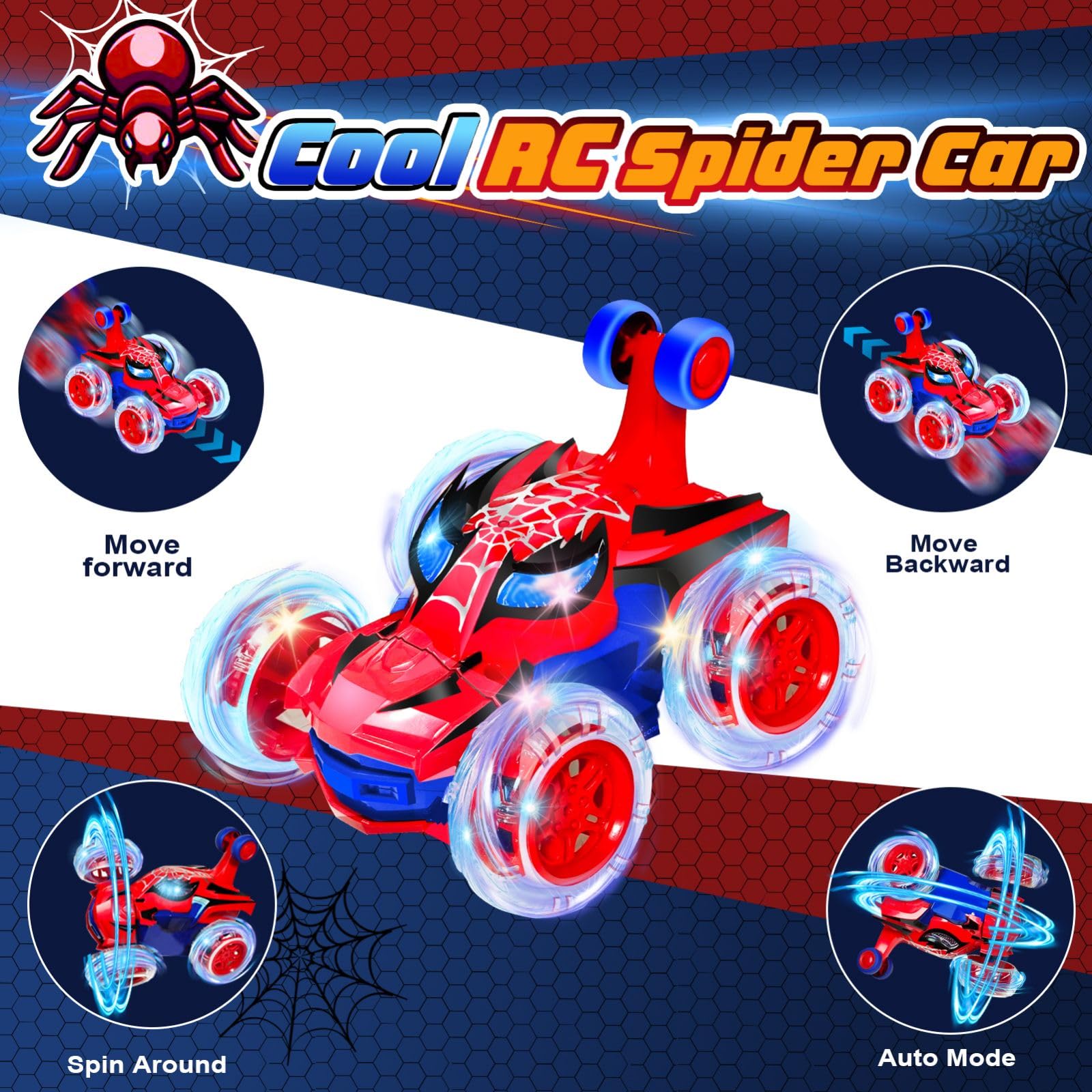 Kids Toys Spider RC Car for Boys 4-7 - Cool Spider Monster Remote Control Crawler Toy 360° Flip Fast Stunt & 4WD Light Up Wheel - Fun Boy Gift Idea