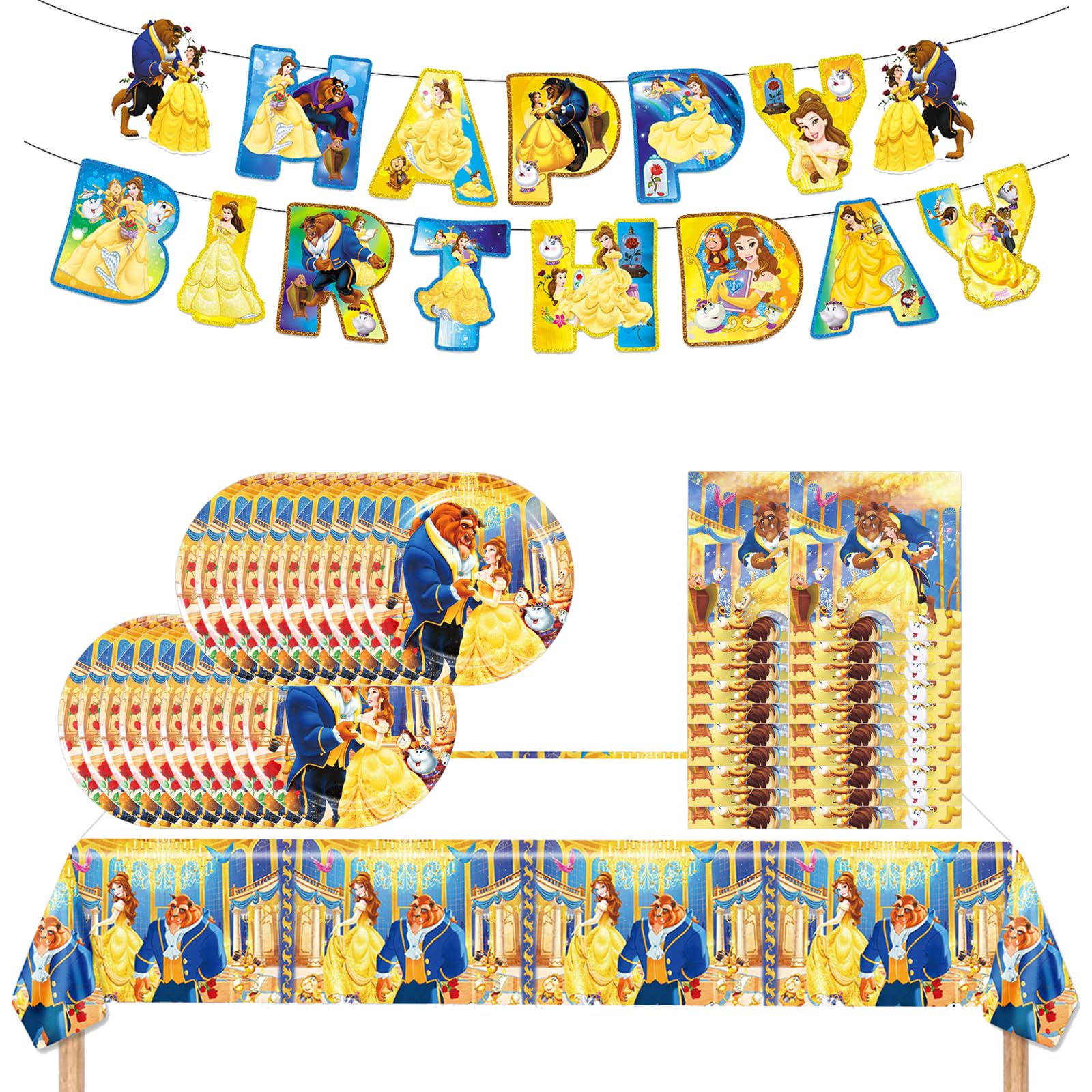 Beauty and The Beast Party Decorations(Serves 20), Princess Belle Birthday Party Tableware with Banner, Tablecloth, 20 Disposable 7" Paper Plates