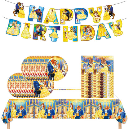 Beauty and The Beast Party Decorations(Serves 20), Princess Belle Birthday Party Tableware with Banner, Tablecloth, 20 Disposable 7" Paper Plates