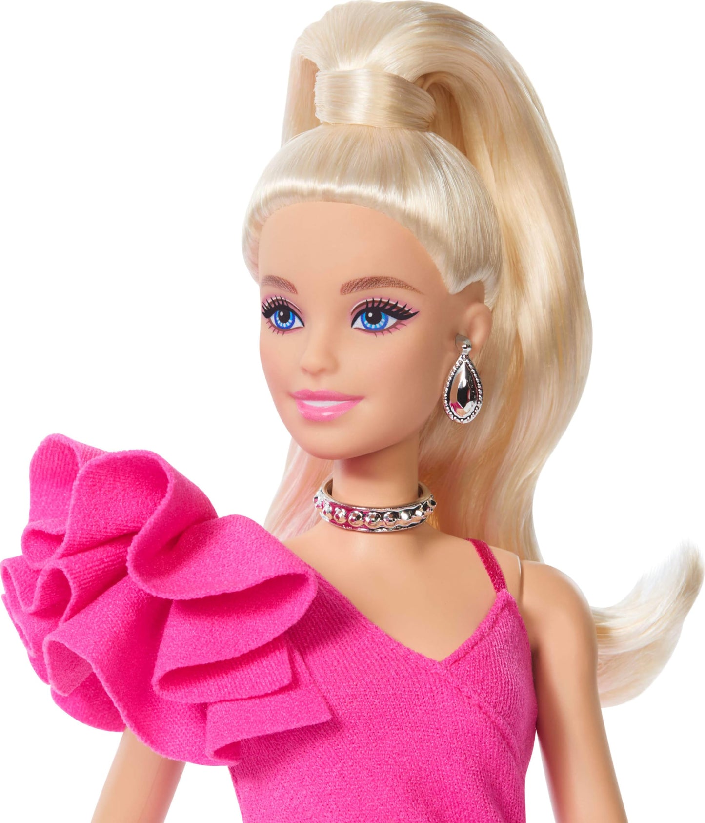 Barbie Deluxe Style Doll #15 in Hot Pink Barbiecore Dress, Blonde High Ponytail, Black Lace Tights, Silver Clutch, and Silver Jewelry