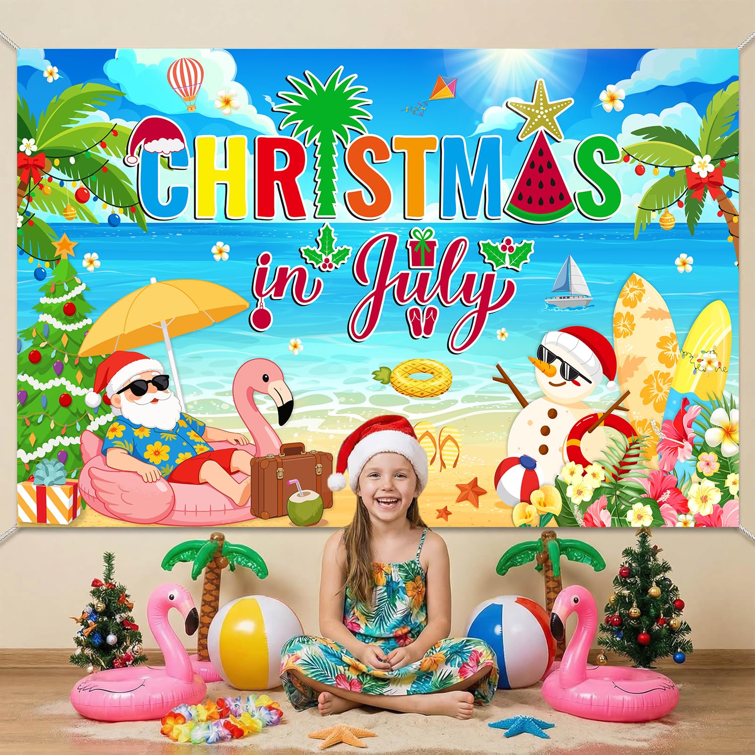Christmas in July Backdrop 72.8'' x 43.3'', Christmas in July Background Banner Party Decorations with Beach Snowman Santa for Summer Holiday Hawaiian
