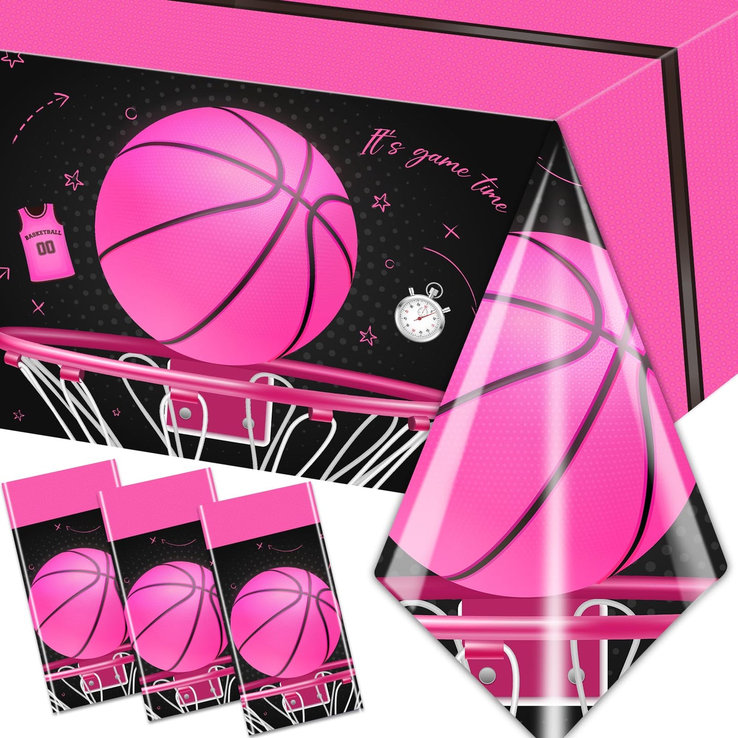 CMUSKO Basketball Tablecloth, 3Pcs Pink Basketball Birthday Decorations Plastic Table Cover, Pink Basketball Girls Table Cloths for Basketball Sports