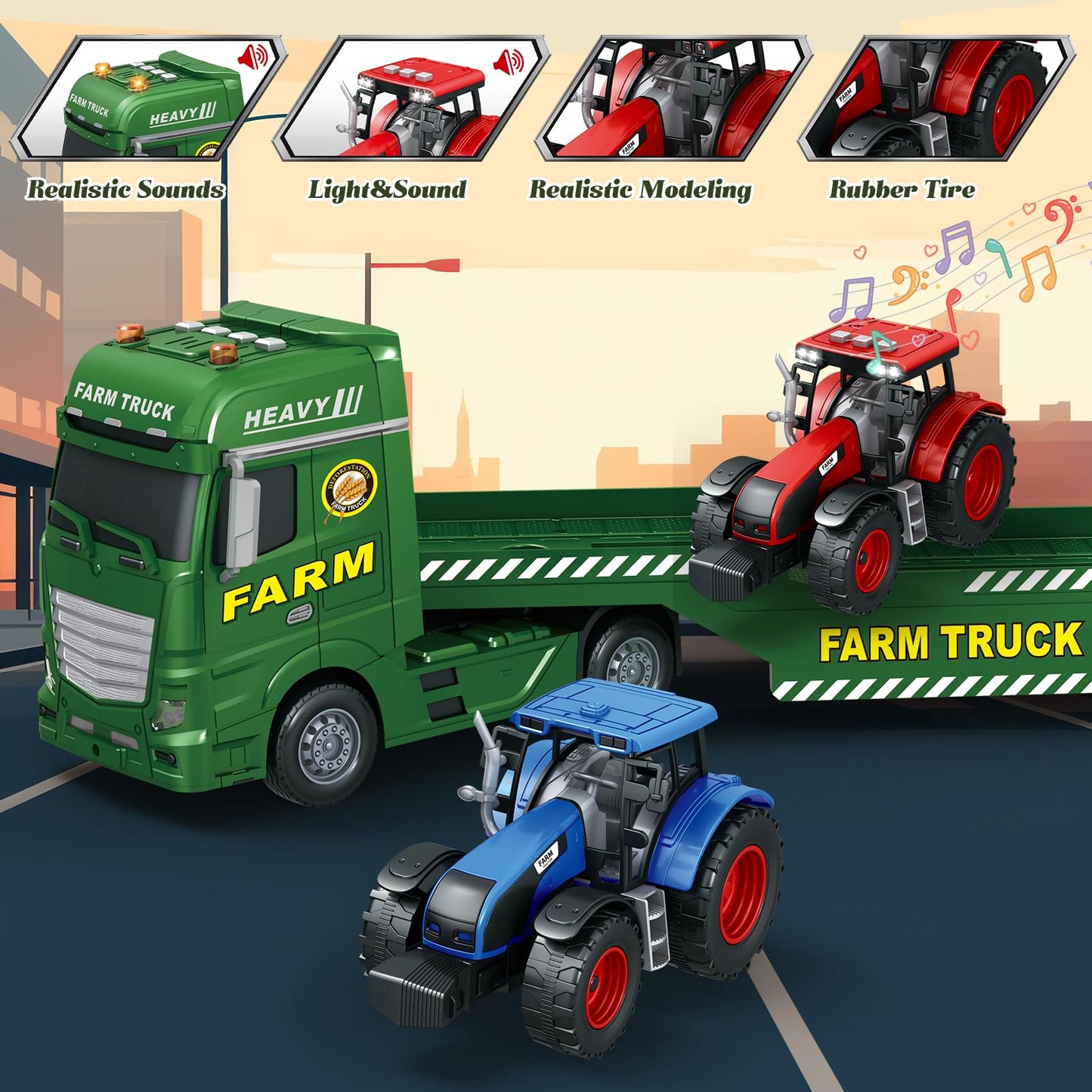 lonfypeng 3-in-1 Farm Truck Toys for Kids Ages 3-6 - 25.6 Inch Extra-Large Inertia Semi Trailer with Lights & Sounds, Detachable Tractor and Light