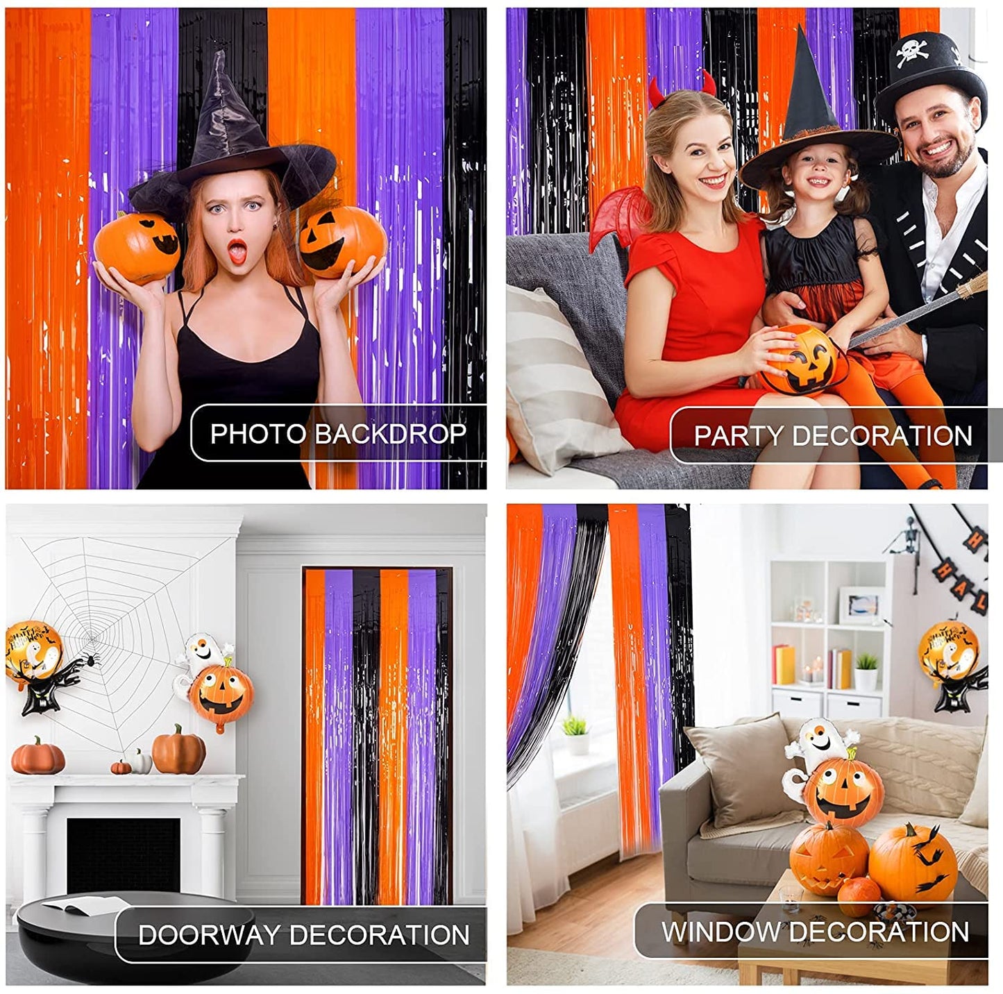 LOLStar Halloween Orange Purple Black Foil Fringe Curtains 3 Pack