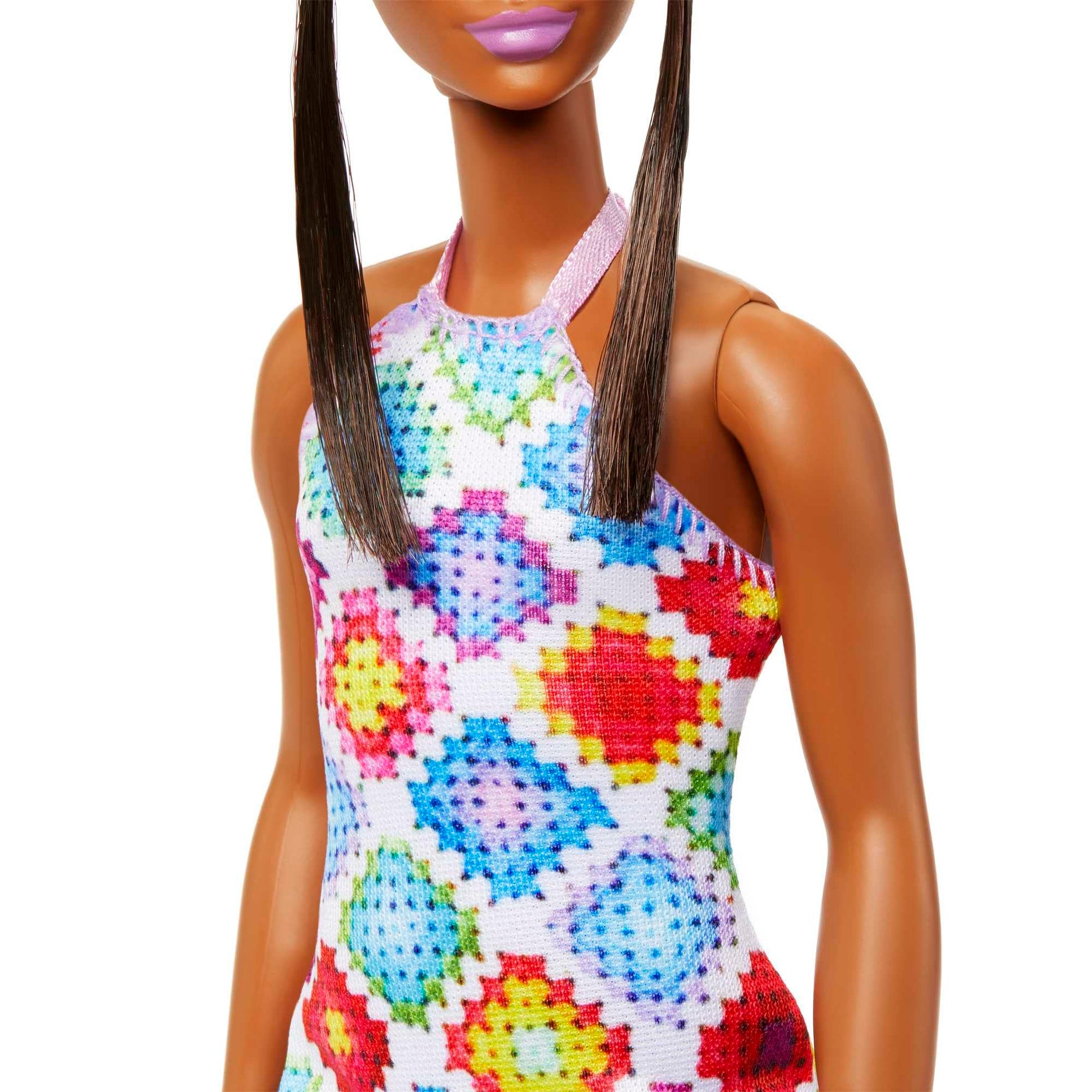 Barbie Fashionistas Doll #210 with Brunette Hair in Bun Wearing Removable Colorful Crochet Halter Dress, Sunglasses & Sandals