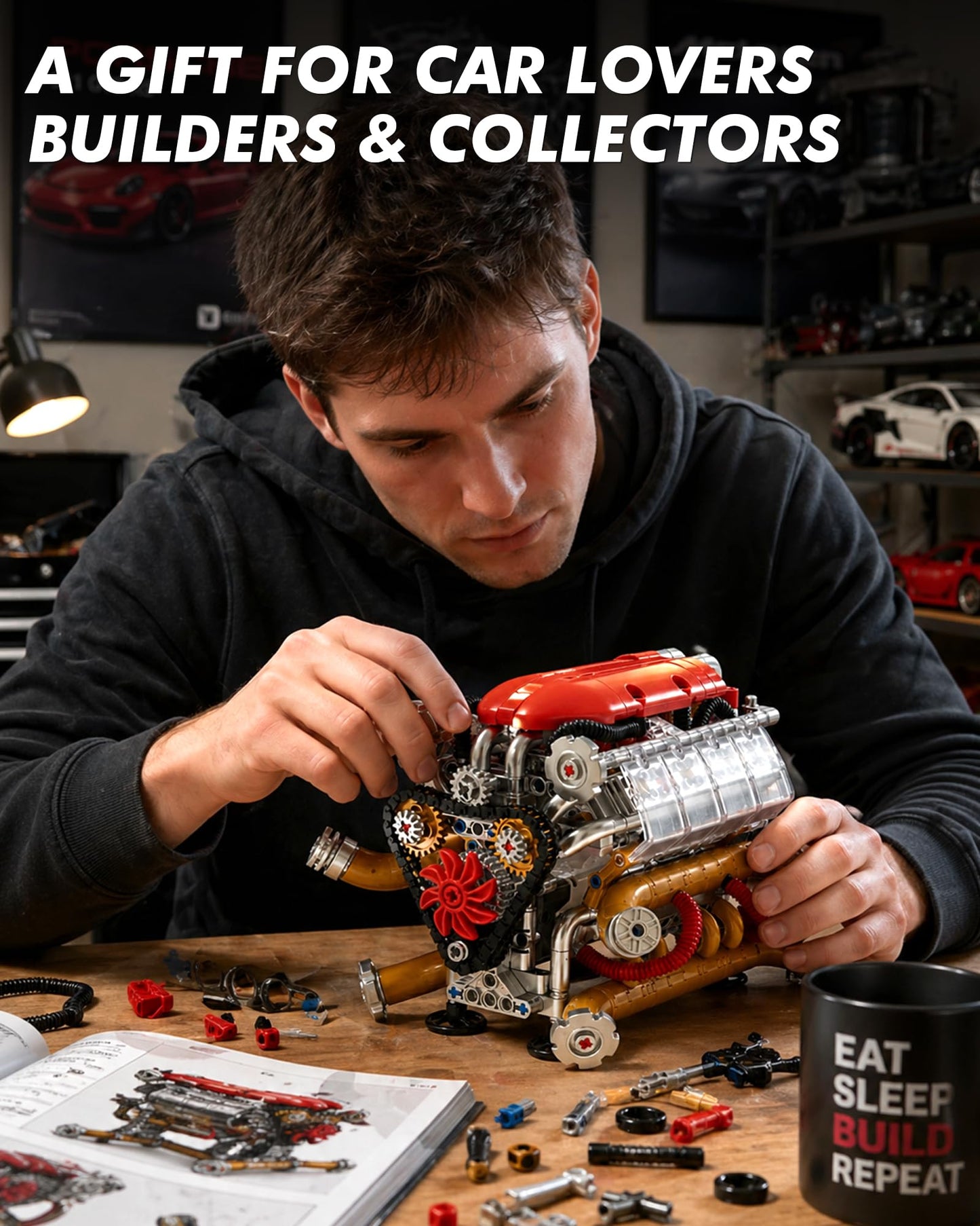 JSINMA V12 Engine Model Kit that Runs, Motorized Mechanical Building Set for Adults with Visible Moving Pistons, Transparent Side Cover, Desk Display