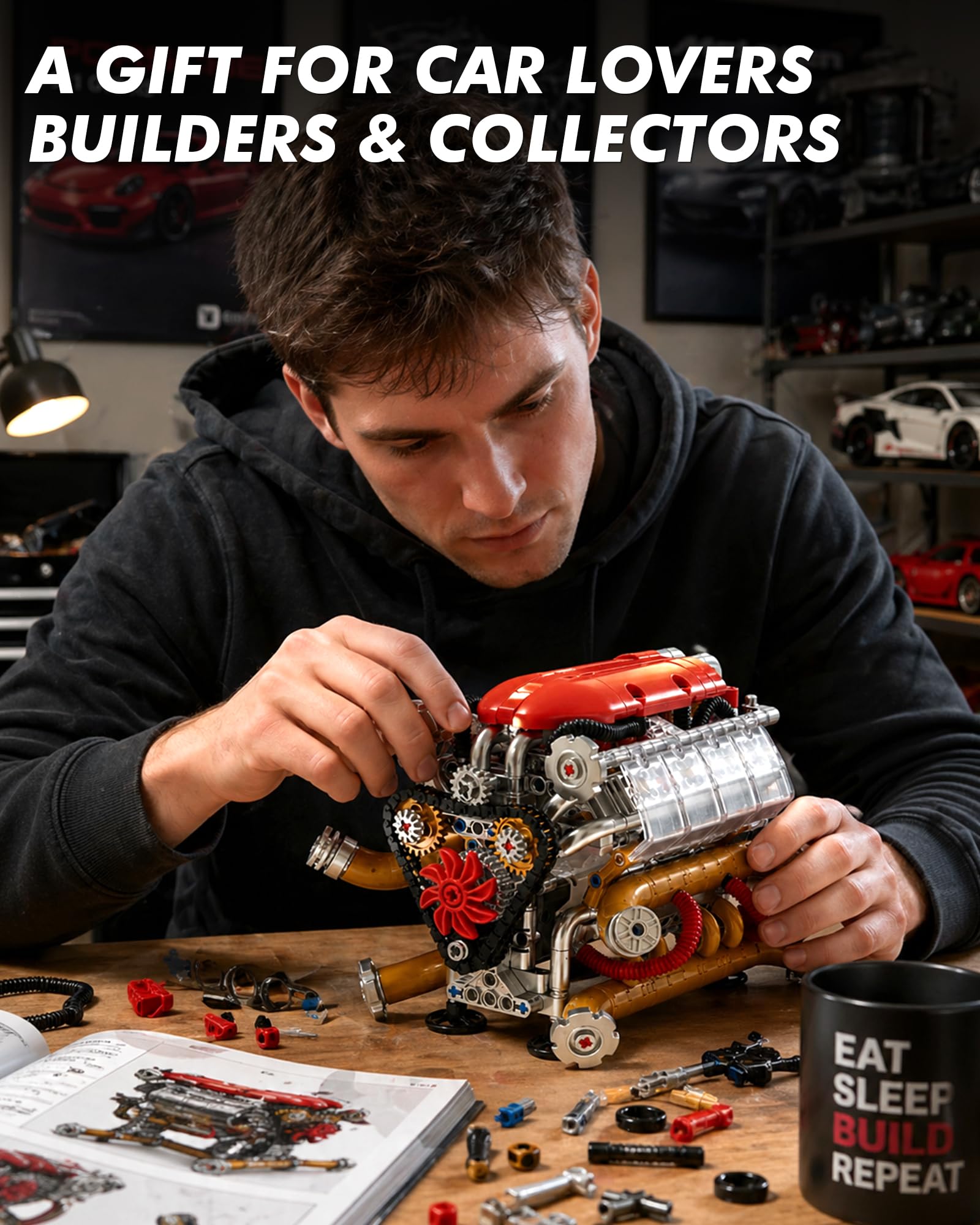 JSINMA V12 Engine Model Kit that Runs, Motorized Mechanical Building Set for Adults with Visible Moving Pistons, Transparent Side Cover, Desk Display