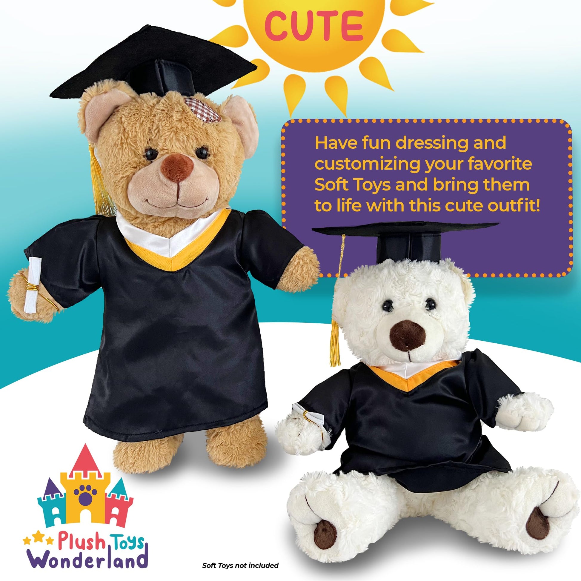 Stuffed Animals Graduation Gown & Cap Outfit for Your Teddy Friend Fits Most 14"-18" Stuffed Soft Toys!